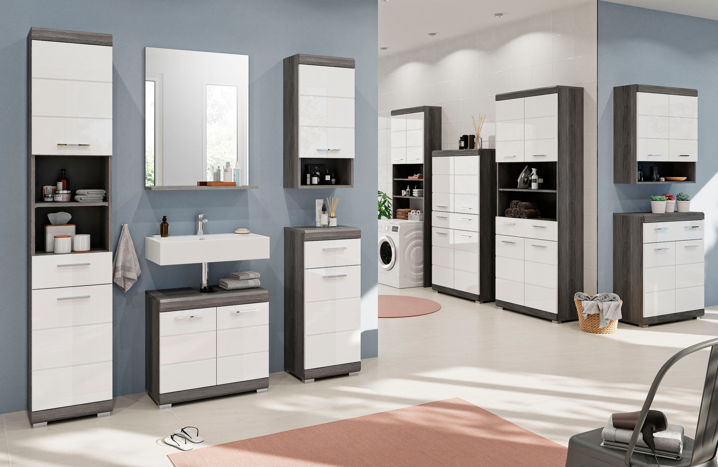 INOSIGN Hochschrank »SIENA, Breite 74cm, 4 Türen, 1 Schubkasten, 2 offene Fächer, MDF-Front« TOPSELLER!,  in verschiedenen Farben erhältlich, Badmöbel, Badschrank, Schrank, Bad