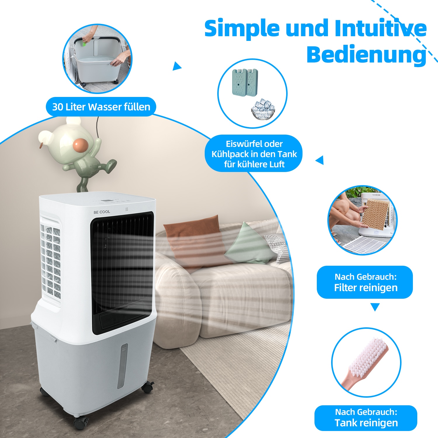 be cool Ventilatorkombigerät »Premium Luftkühler 40l mit Wifi und abnehmb. 30l Tank«, abnehmbarer Wassertank, Spezial Vortex Rotor, WiFi