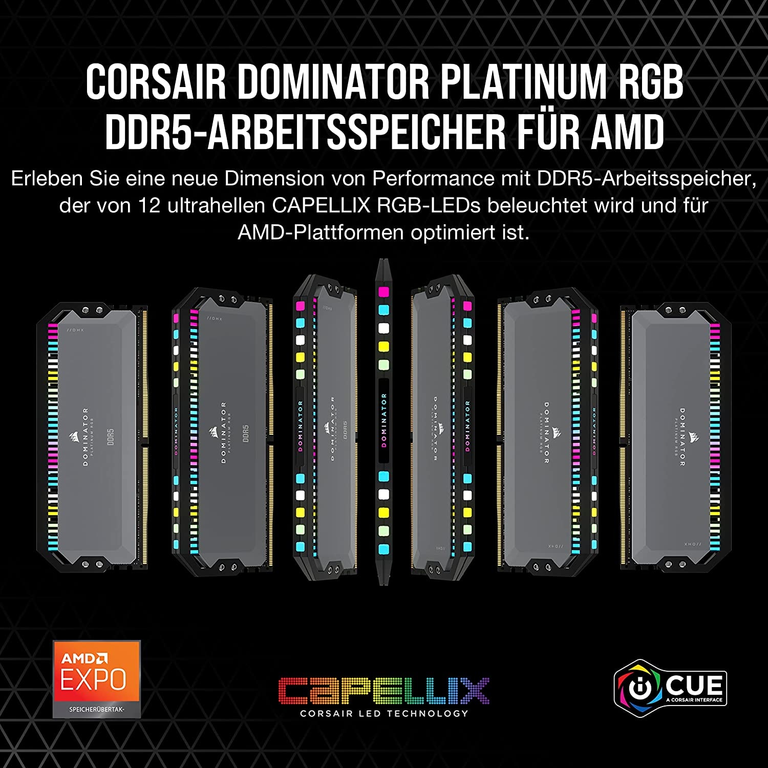 Corsair Arbeitsspeicher »DOMINATOR PLATINUM RGB DDR5 5600 64GB (2x32GB)«, RGB Beleuchtung ICUE, AMD optimiert