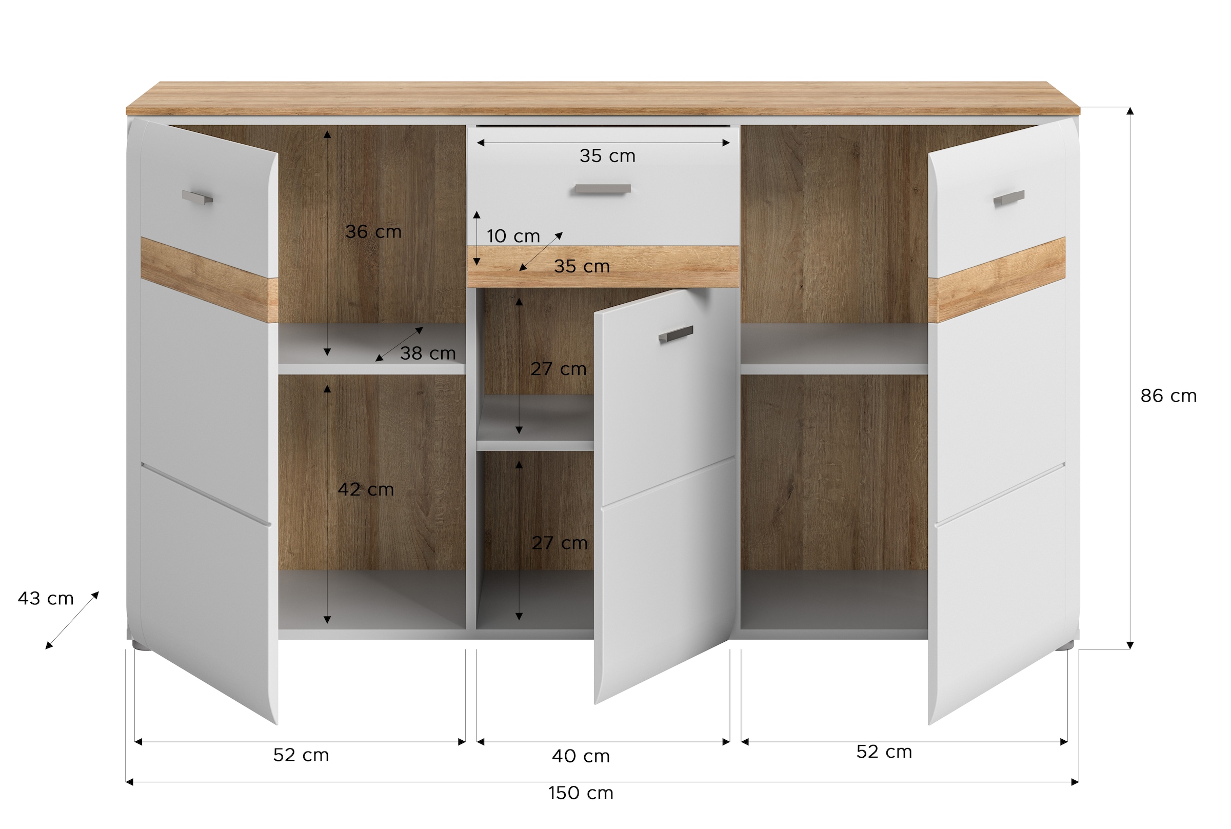 INOSIGN Sideboard »Aska, Breite 150cm, Metallgriffe,3 Türen,1 Schubkästen, 2 Einlegeböden«, (1 St.), Matte Optik, 2-farbig, Anrichte, Schrank, Kommode, Wohnmöbel