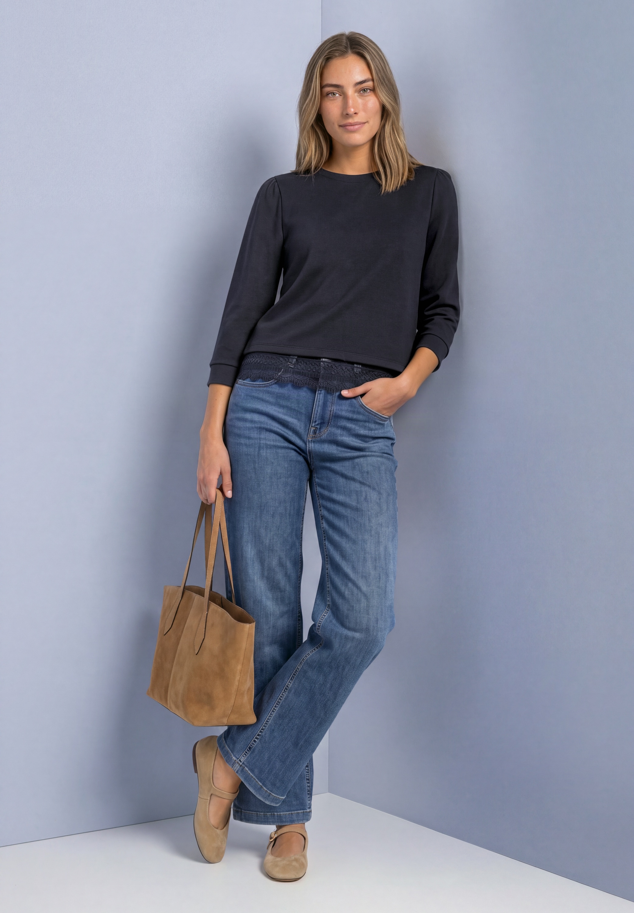 STREET ONE 3/4-Arm-Shirt mit Spitzenkante am Saum / mit Stretch