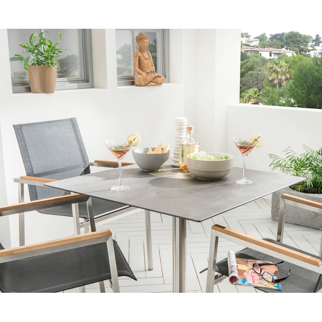 Destiny Garten-Essgruppe »ALTOS LOFT«, (Set, 5 tlg.), 4 Stapelsessel  schwarz mit Tisch 80x80 cm, HPL Tischplatte betongrau online kaufen | mit 3  Jahren XXL Garantie