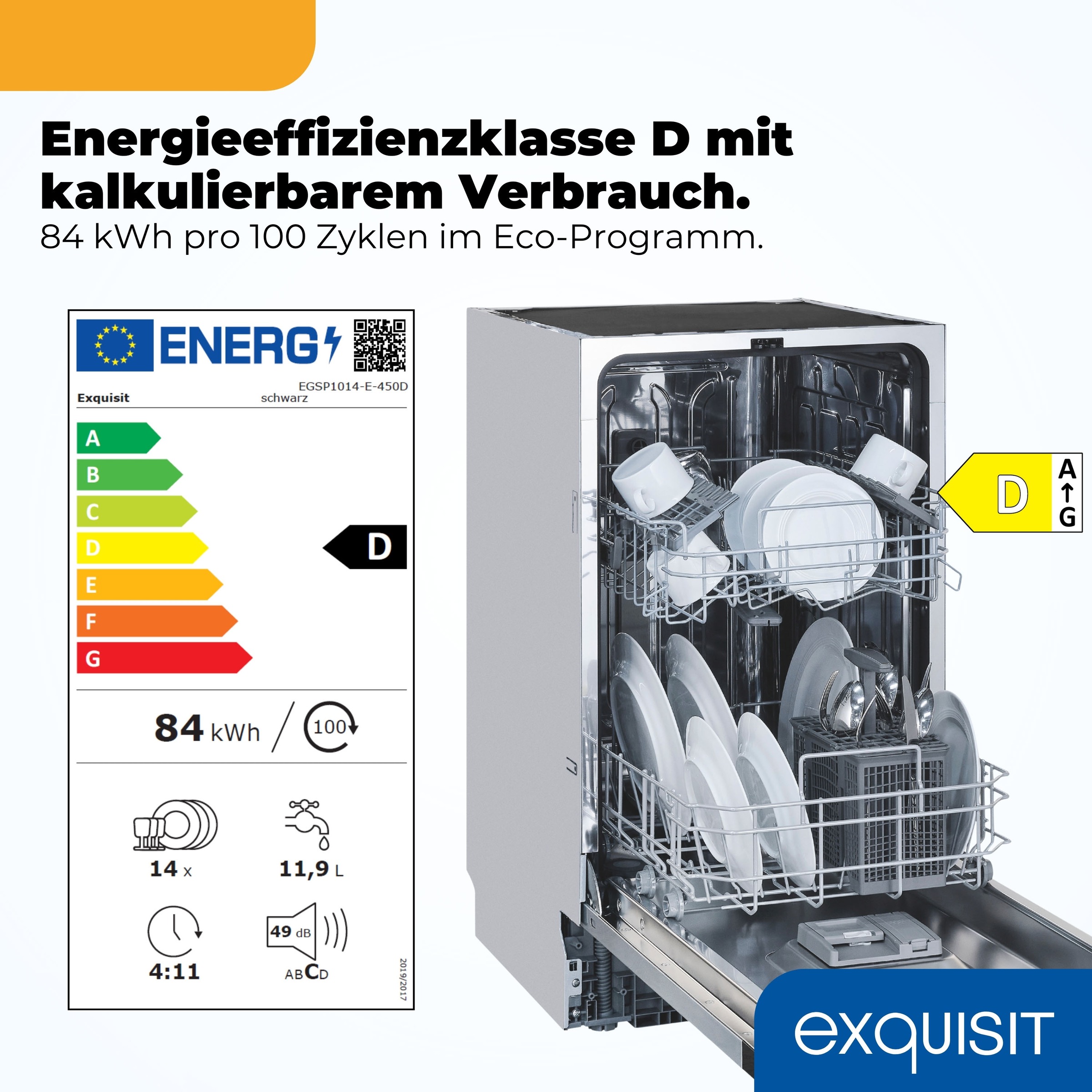 exquisit vollintegrierbarer Geschirrspüler 1014 »EGSP1014-E-450D schwarz« 11,9 l 14 tlg. Maßgedecke 14 Maßgedecke & flüsterleise 49 dB – stark und angenehm ruhig