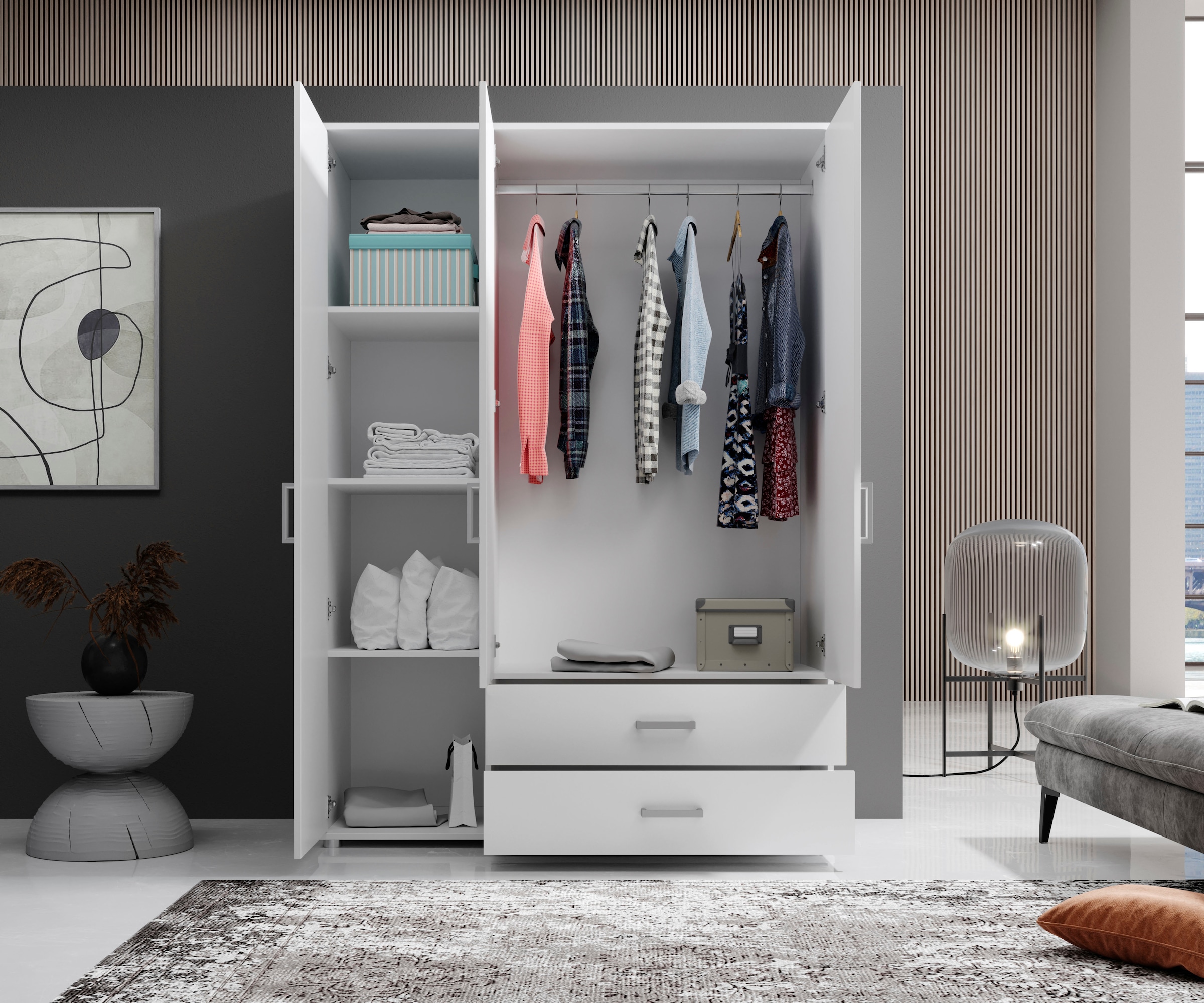 Schlafkontor Drehtürenschrank »Ivar Kleiderschrank mit Spiegel« inklusive 2 Spiegeltüren und 2 farblich abgesetzten Schubkästen