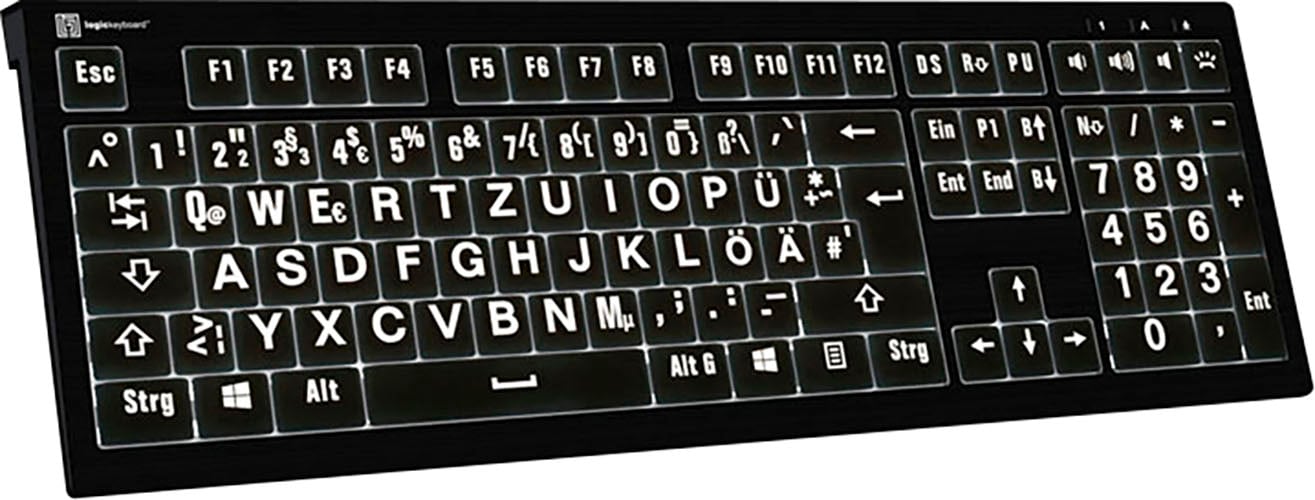 Logickeyboard Tastatur »XL-Print Astra 2 White on Black DE (PC)«, (Multimedia-Tasten-USB-Hub-Ziffernblock)