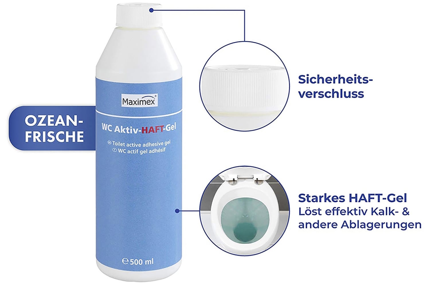 Maximex WC-Reiniger »Aktiv-Haftgel«, (Set), 3x500 ml, flüssiger WC-Reiniger für hygienische Sauberkeit, Ozean-Duft