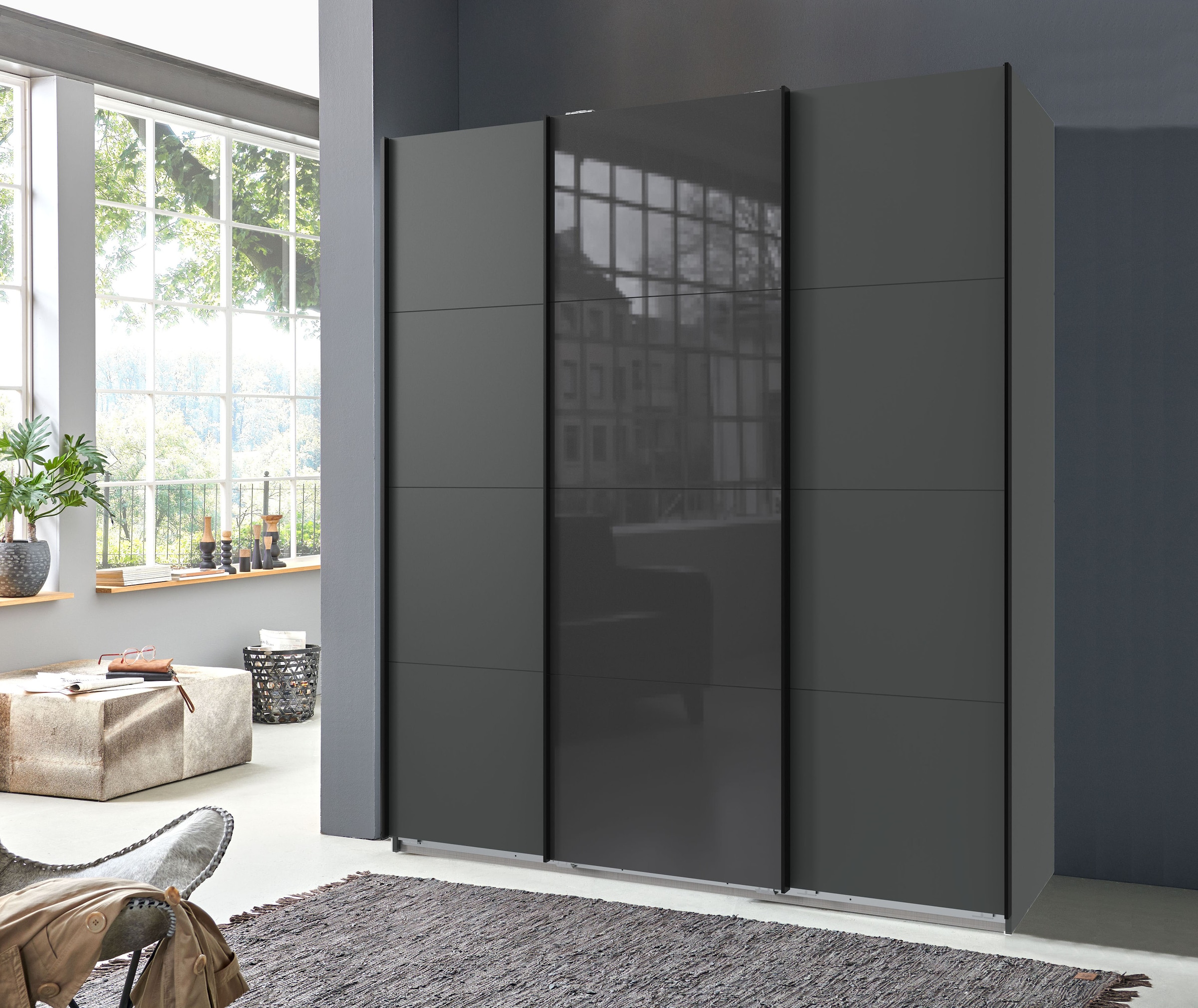 Wimex Schwebetürenschrank »Norderstedt« INKLUSIVE 2 Stoffboxen und 2 zusätzliche Einlegeböden, mit Glastür