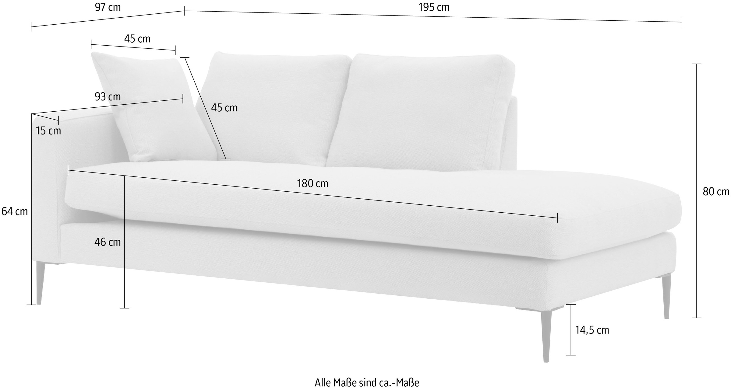 Leonique Recamiere »Cozy Chaiselongue, Maße B/T/H: 195/97/80 cm« mit losen Kissen und Metallbeinen, Armlehne links oder rechts wählbar