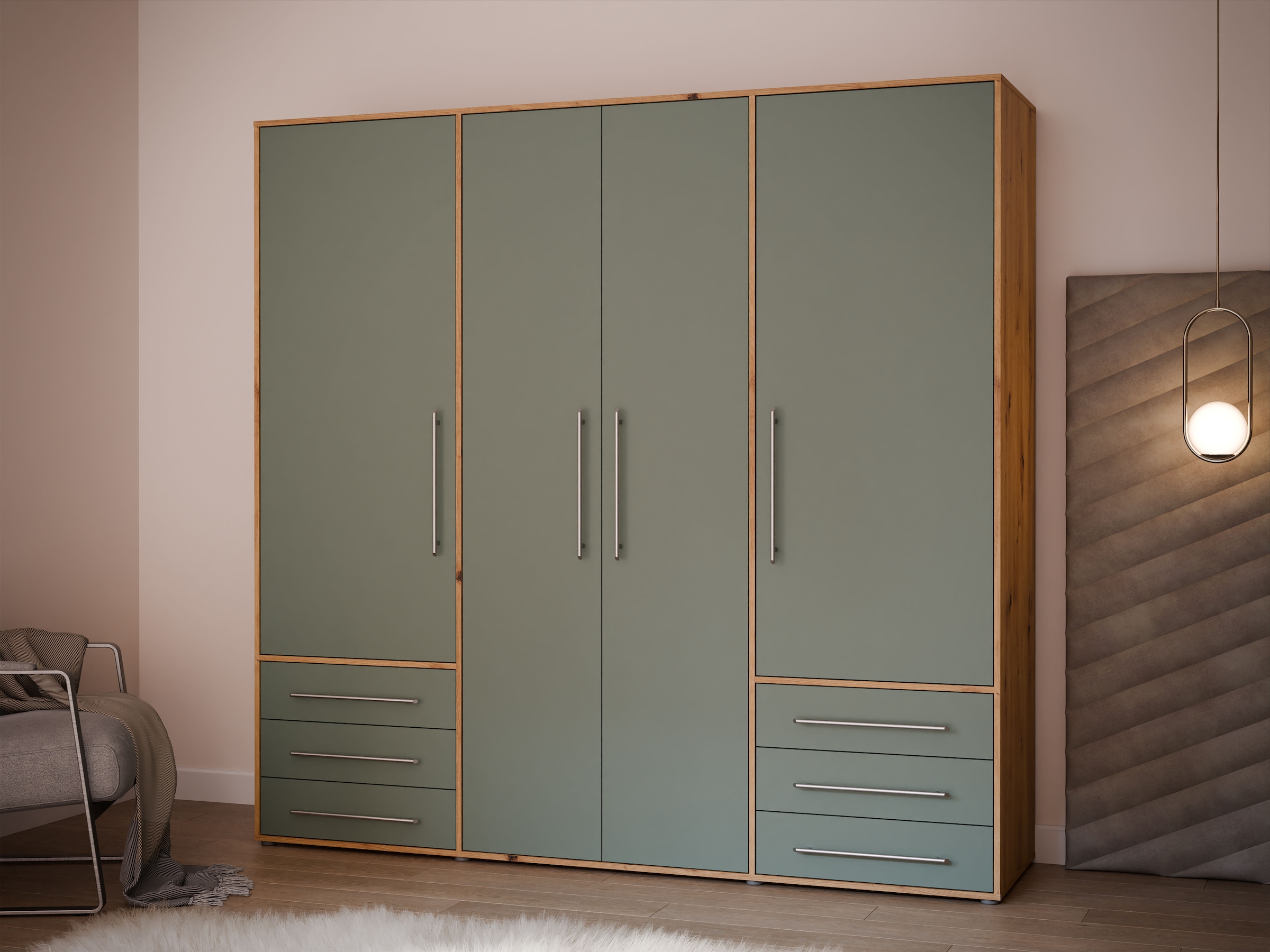 FORTE Drehtürenschrank »Mokkaro, Kleiderschrank,zeitloses Design, 4 türig« viel Stauraum, Schubladen, Stangengriffe, Made in Europe