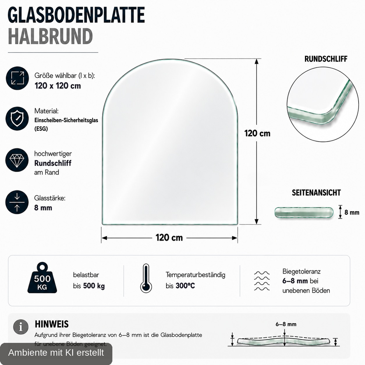 Hanseatic Bodenschutzplatte »Halbrund Glas 120x120x0,8« Funkenschutzplatte