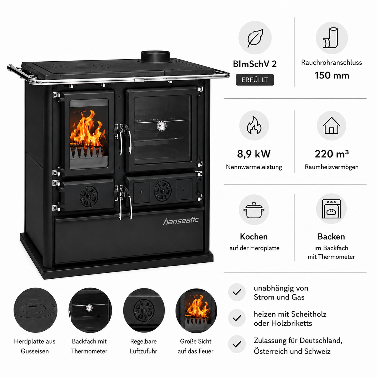 Hanseatic Festbrennstoffherd »»Cook Premium« Pure Black, Lieferung bis in die Küche« Küchenofen, Ofenherd zum Heizen, Kochen & Backen