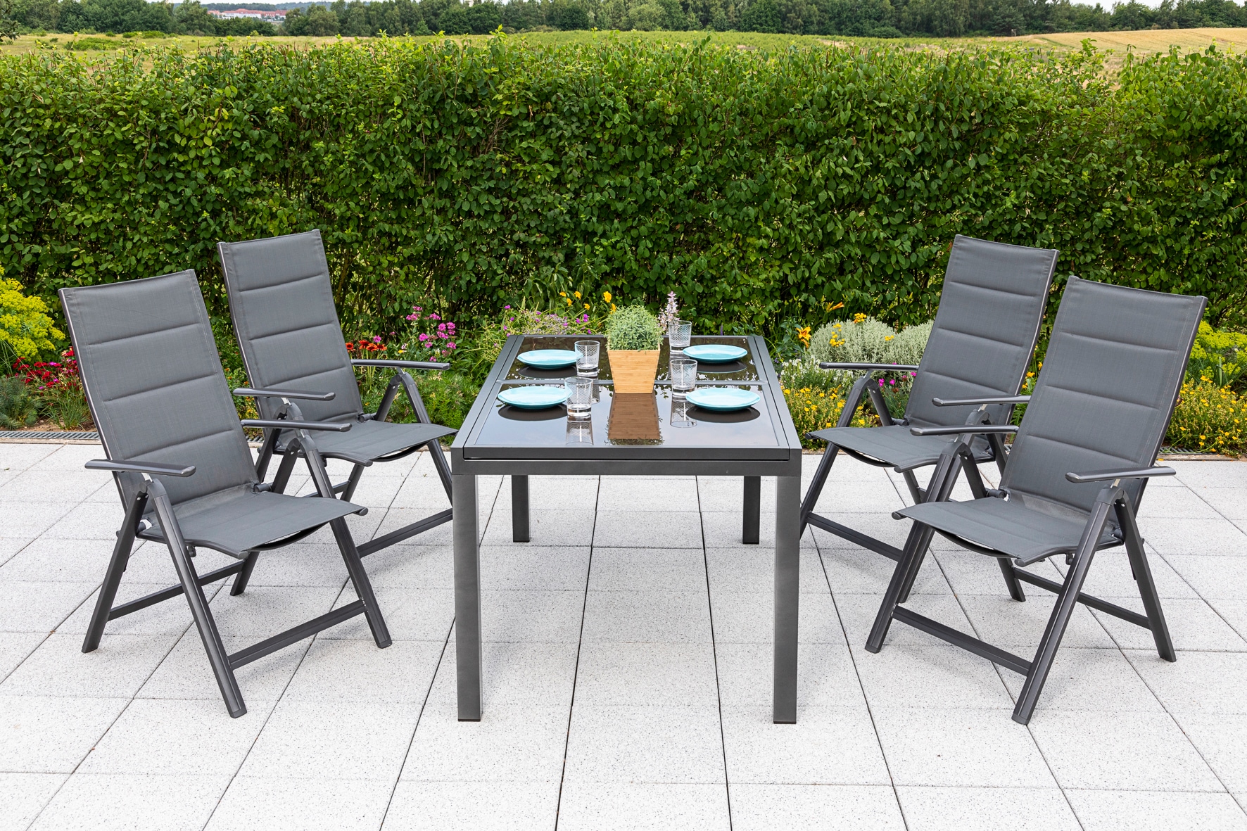MERXX Garten-Essgruppe "Taviano" Set, 5 Stk. tlg. 4 Klappsessel, 5-fach verstellbar, Ausziehtisch