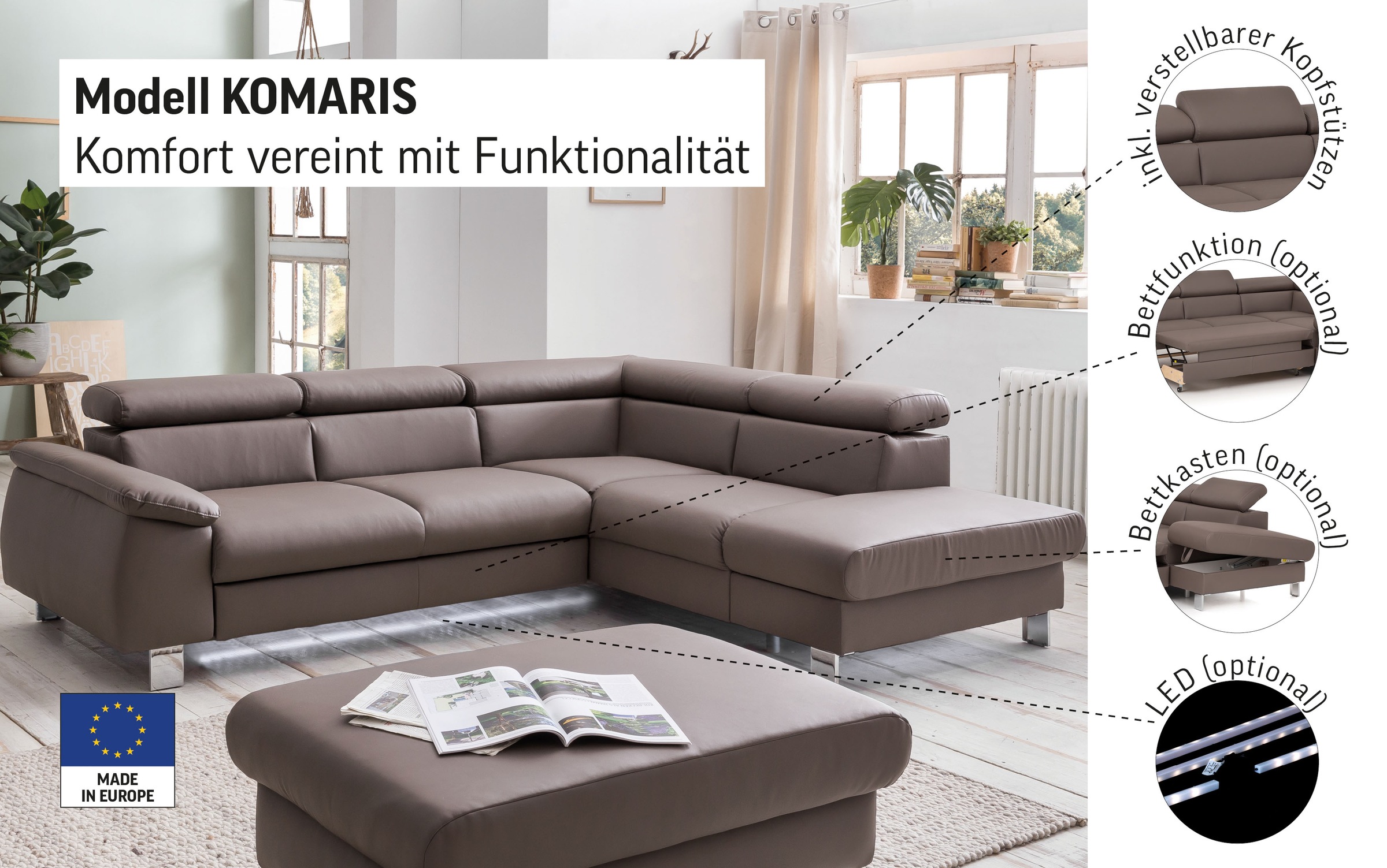 COTTA Ecksofa »Komaris L-Form mit Kopfteilverstellung«, wahlweise mit Bettfunktion, Bettkasten & Beleuchtung