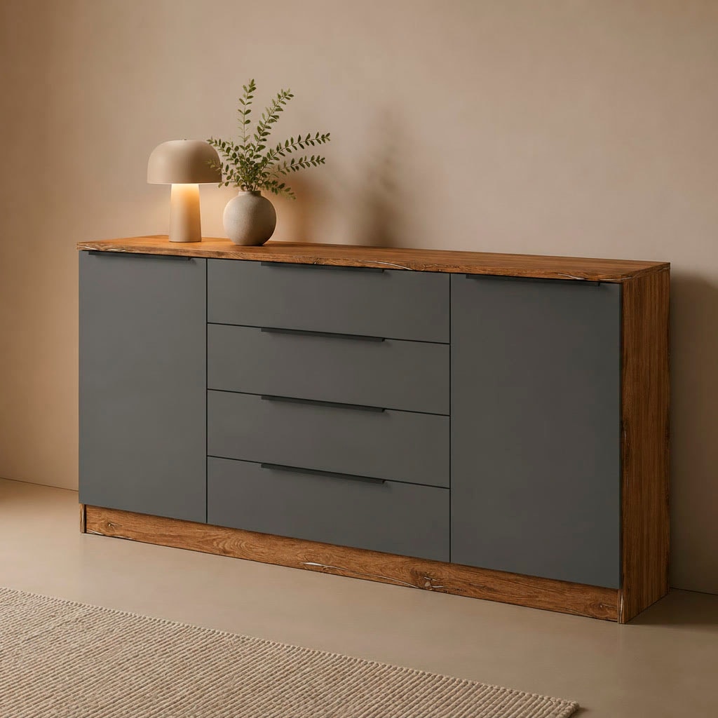 borchardt Möbel Sideboard »Tom, moderne Kommode mit dunklen Metallgriffen« 166cm, 2 Türen 4 Schubfächer, variable Einlegeböden, viel Stauraum