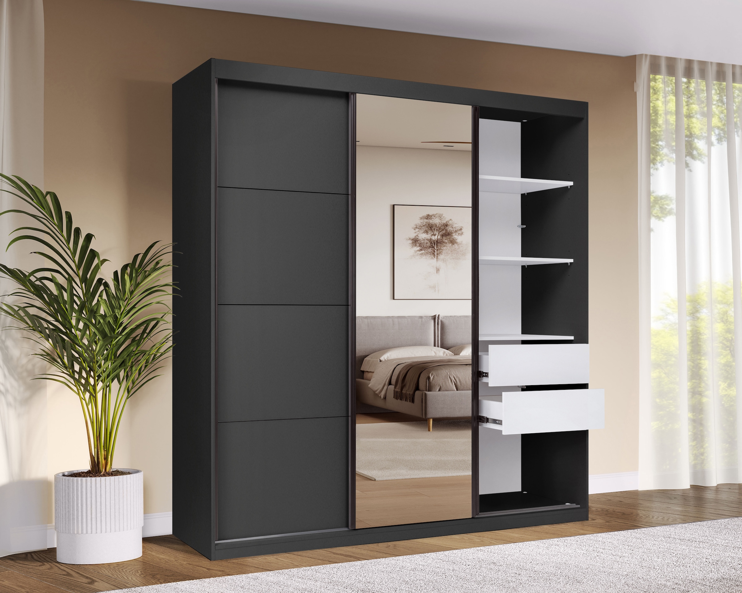 OTTO home Schwebetürenschrank »Tonara Schrank, Kleiderschrank 2,00m Breite, Schiebetürenschrank« Schrank mit leichtgängiger Schiebetür, in 4 Farben , Top Ausstattung,  inklusive Spiegeltür, 2 Kleiderstangen & 4 Schubkastenauszügen