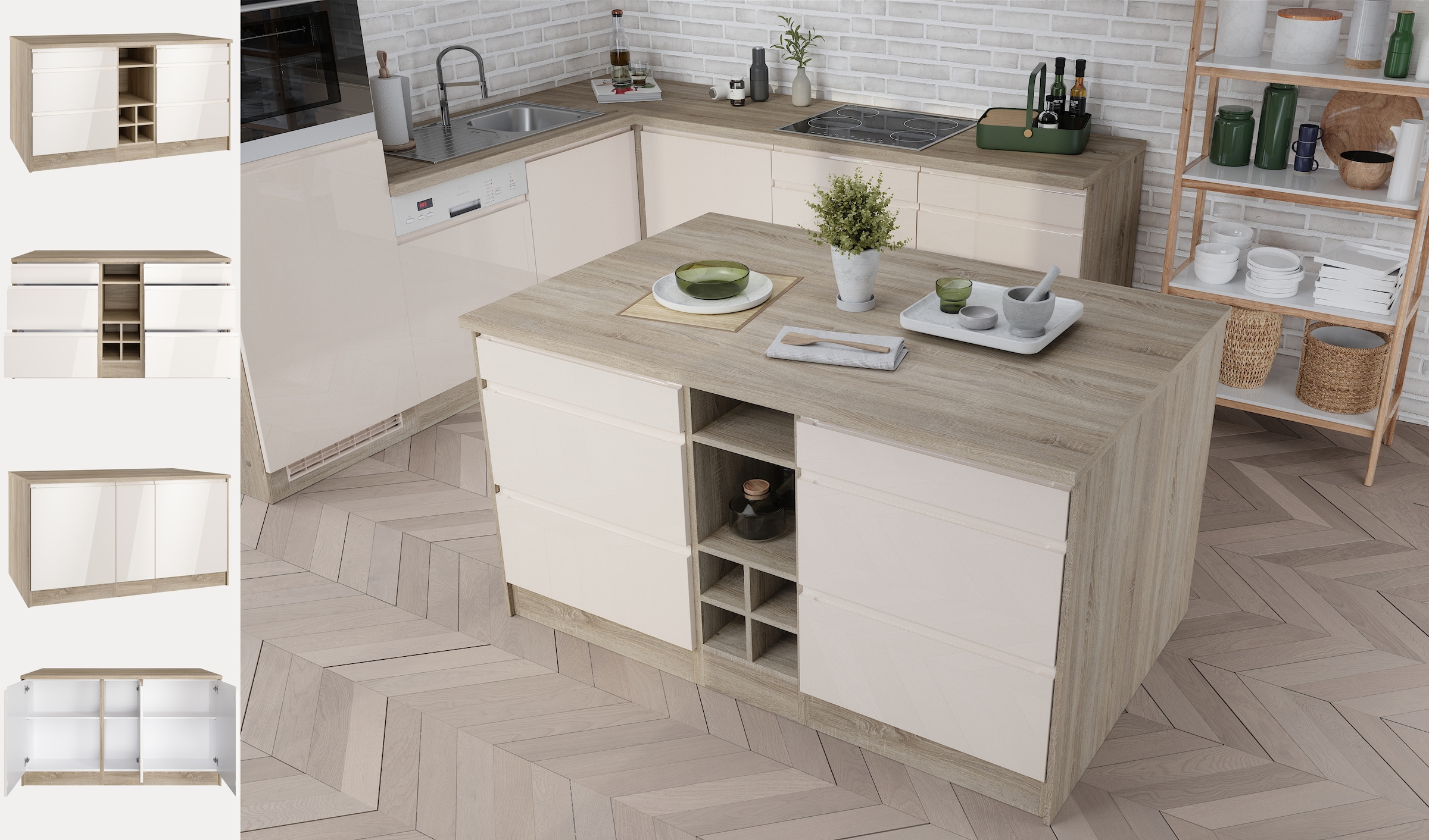 KOCHSTATION Kücheninsel »KS-Virginia«, Breite 153 cm, MDF-Fronten, Flaschenregal