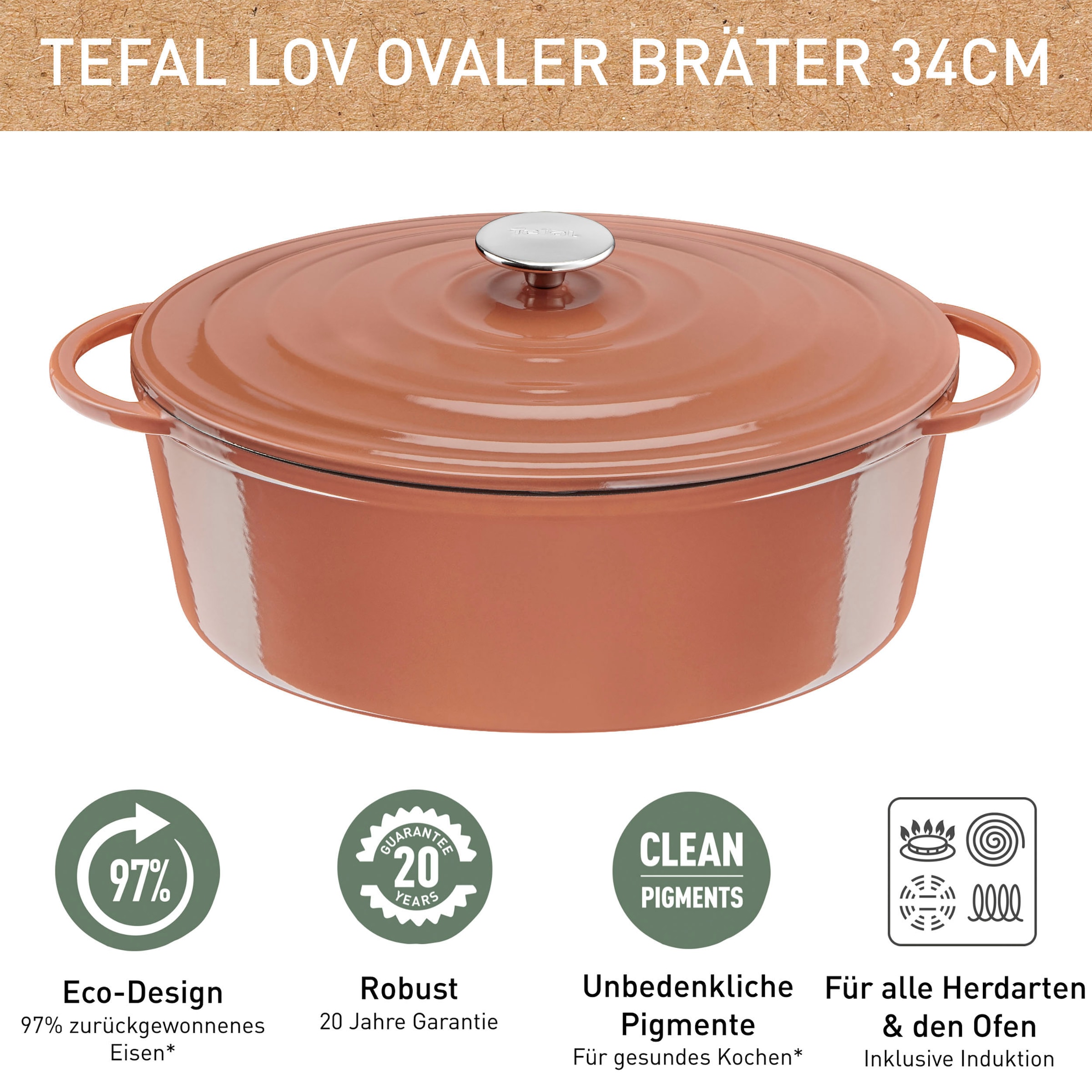 Tefal Bräter »LOV«, Gusseisen, (1 tlg.), inkl. E-Book, Ø 34 cm, Induktion, oval