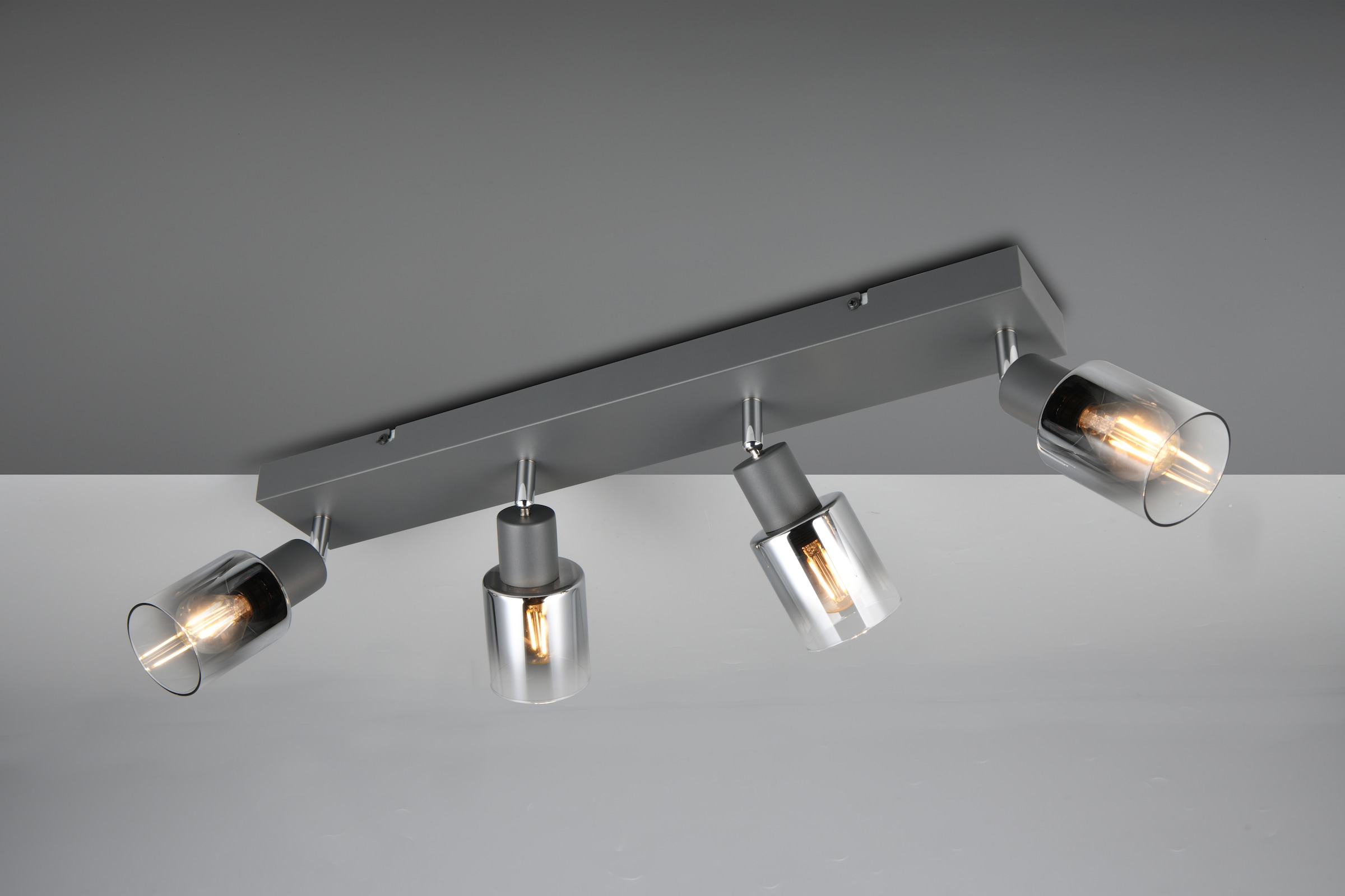 REALITY Leuchten Deckenstrahler »CADIZ, Spot 4-flammig, exkl 4xE14 max 10W, Glas anthrazit, verspiegelt« E14 1 Stk. warmweiß - kaltweiß verstellbarer Deckenspot E14 Fassung, mit Glasschirm smoke Farbverlauf