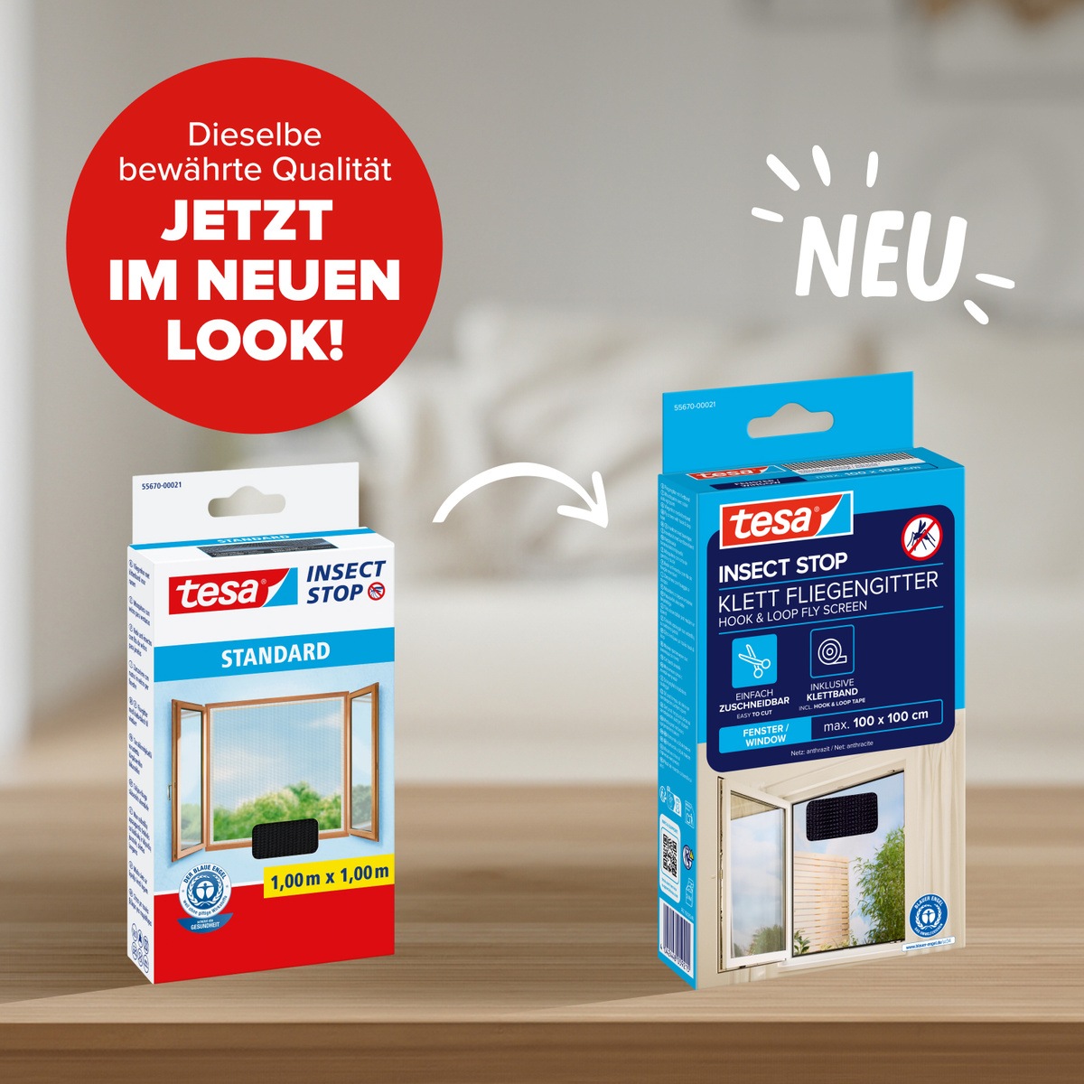 tesa Fliegengitter-Gewebe »für Fenster - Insektenschutz - 100 x 100 cm« Packung, Fliegennetz, Klettband, 3 Stk. tlg. mit Klettband, zuschneidbar - Mückenschutz ohne Bohren