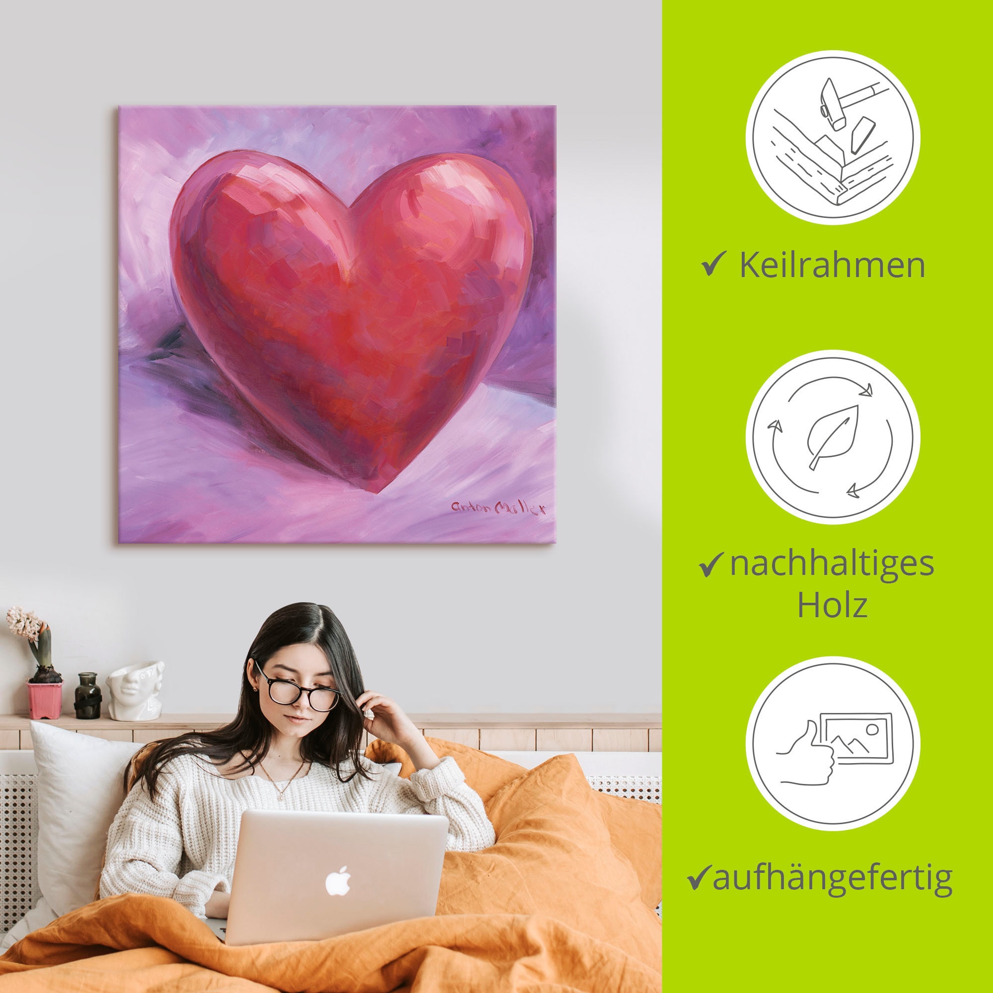 Artland Leinwandbild »Lila Herz« Herzen 1 Stk. tlg. auf Holzrahmen gespannt