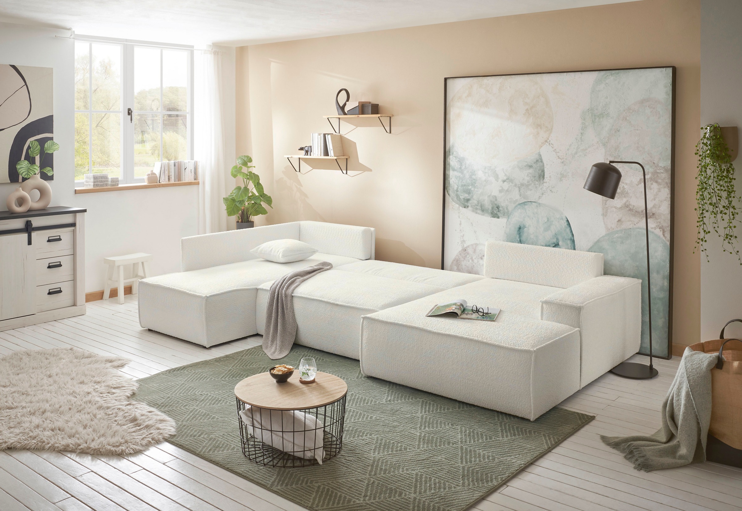 andas Wohnlandschaft »FINNLEY U-Form XXL 329 cm, Schlafsofa, Schlaffunktion m. Bettkasten«, (194/139 cm), Bouclé, Struktur und Cord