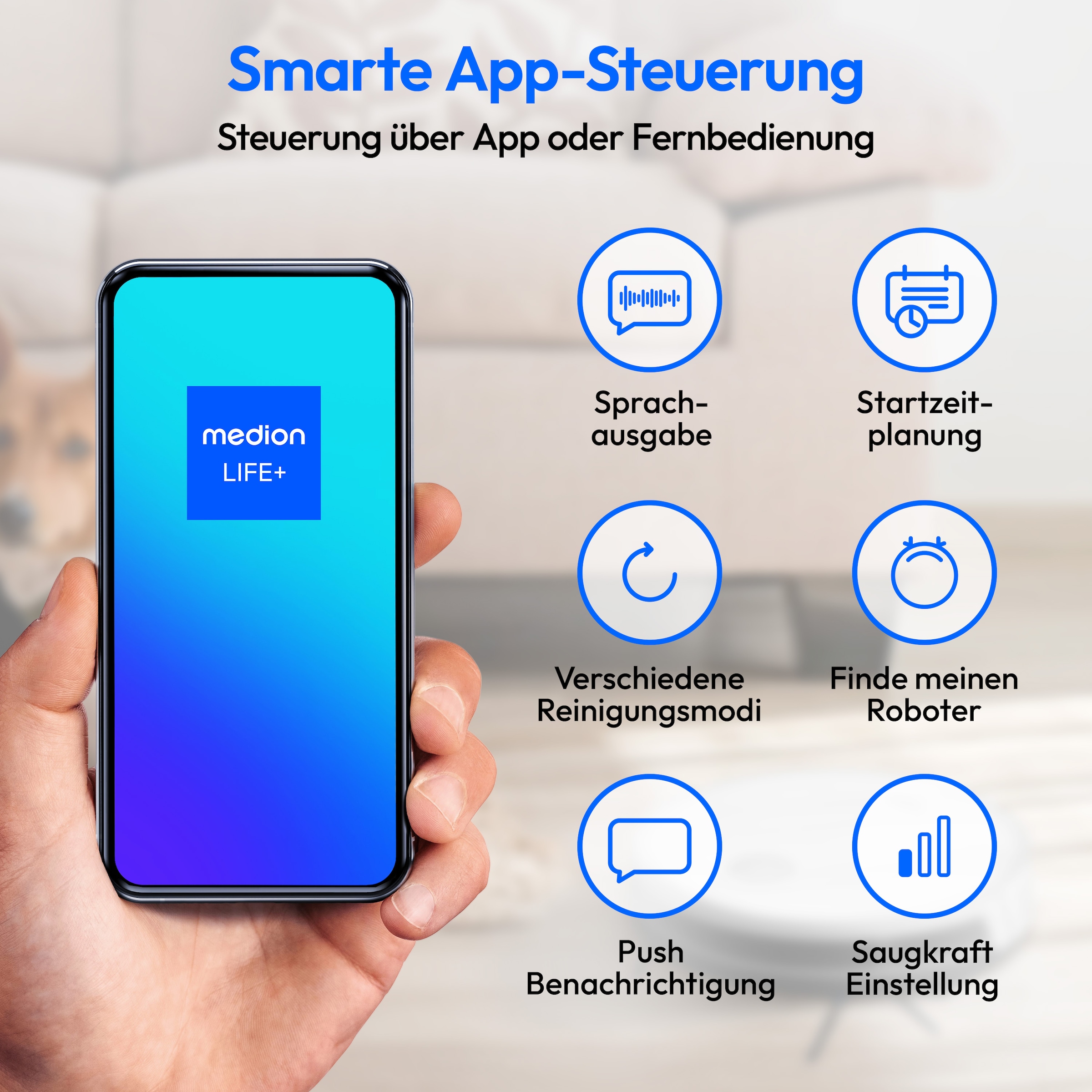 Medion® Saugroboter »S35 (MD 11899), intelligente S-Linien Navigation, 4 kPa Saugleistung«, App-Steuerung, Teppicherkennung, 120 min Laufzeit, Ladestation