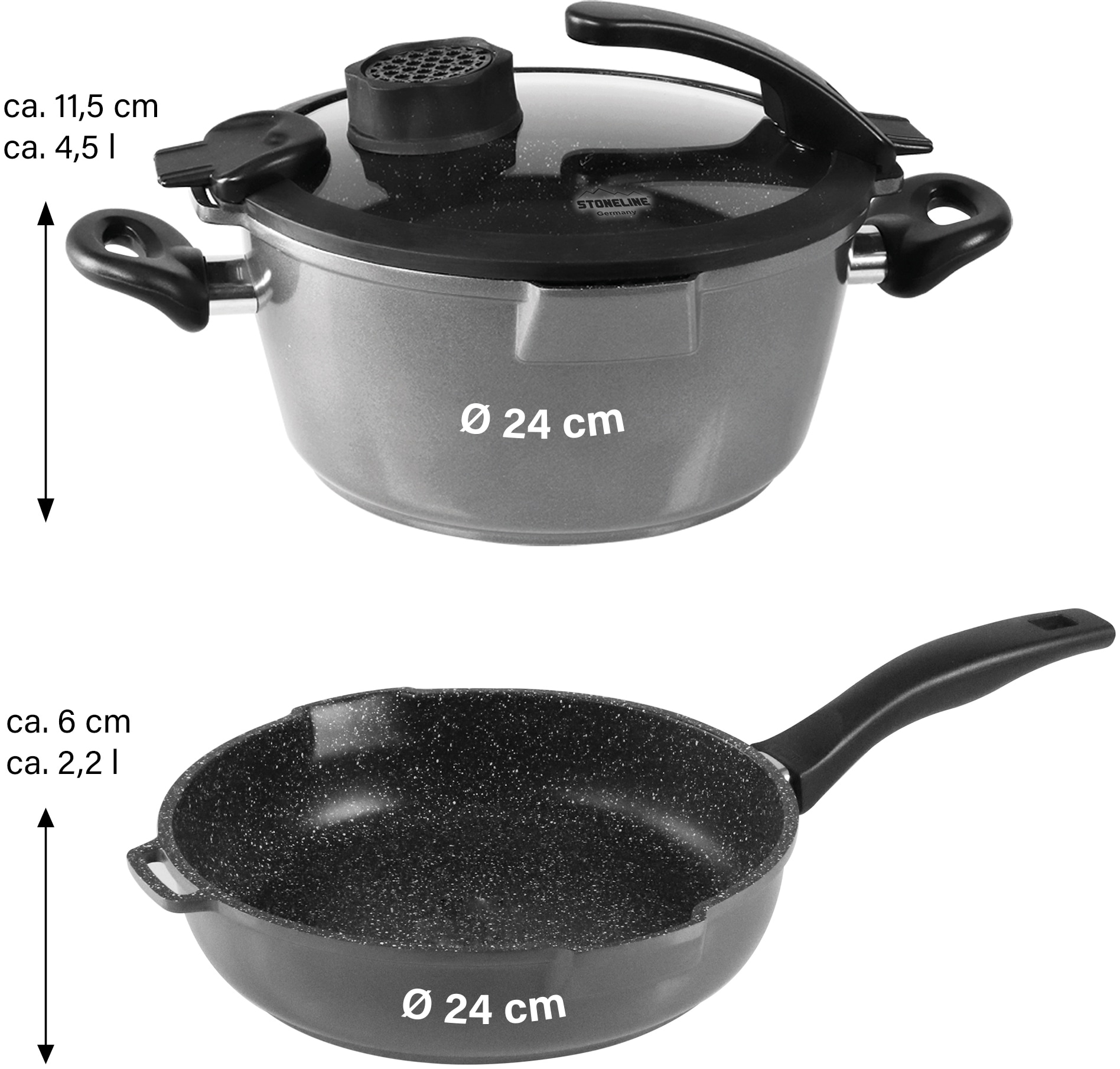 STONELINE Topf-Set »Smell Well«, Aluminiumguss, (Set, 4 tlg., 1x Bratentopf Ø 24 cm, 1x Schmorpfanne Ø 24 cm), Induktion, inkl. Glasdeckel mit Geruchsfilter-oder Aromafunktion