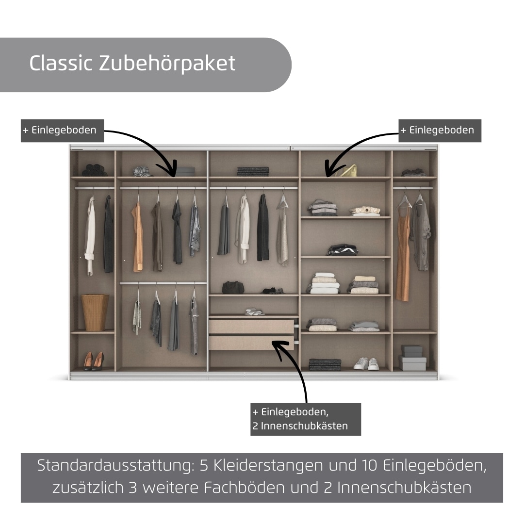 rauch Kleiderschrank »Schwebetürenschrank OTTO´s Choice Garderobe Schrank TOP ANGEBOT Avola«, (in 3 verschiedenen Ausstattungen BASIC/CLASSIC/PREMIUM inkl. Spiegel), mit eleganten Zierleisten in Chrom, Schwarz oder Weiß MADE IN GERMANY