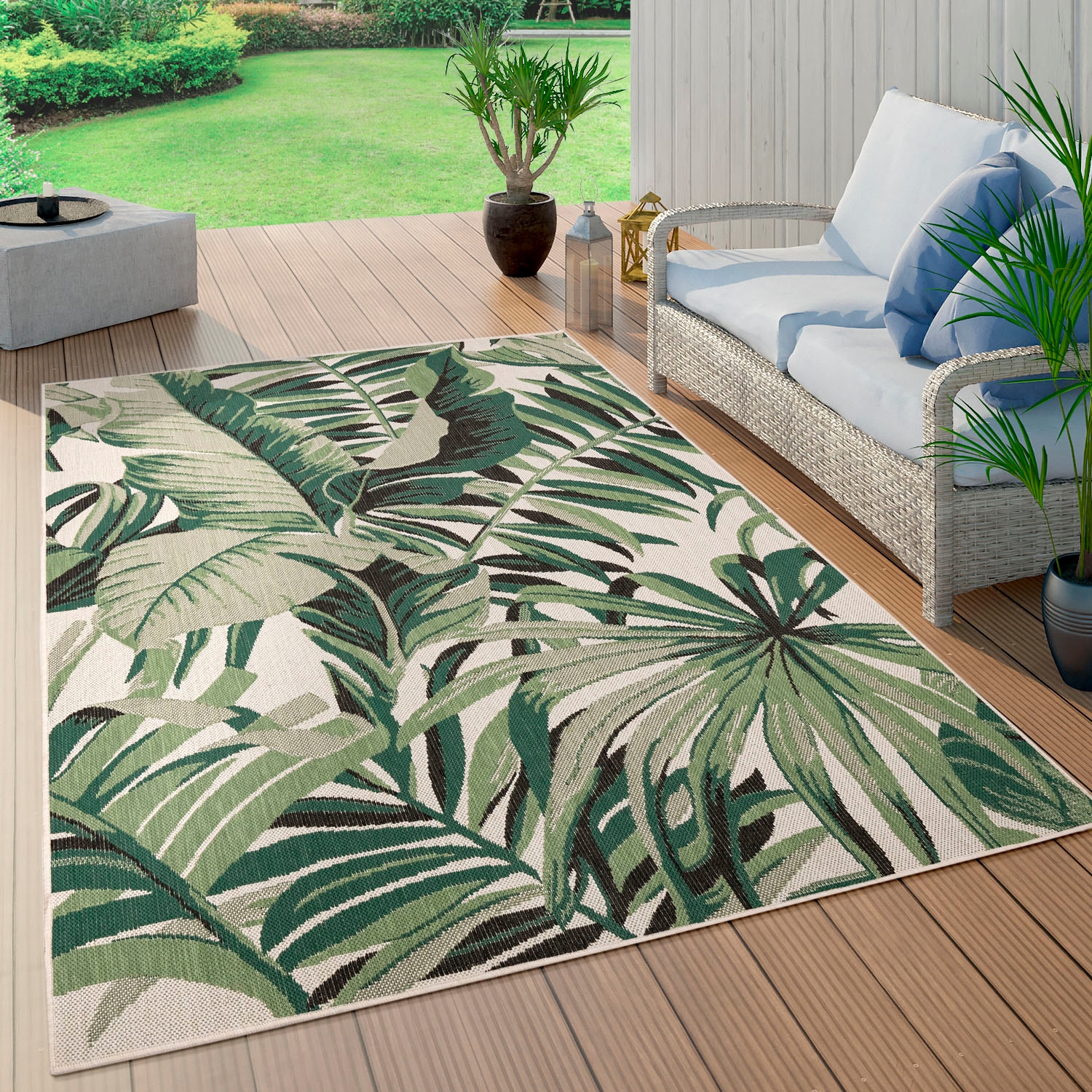 Paco Home Teppich »Ostende 551« rechteckig 4 mm Höhe Flachgewebe, Motiv Palmenblätter, In- und Outdoor geeignet