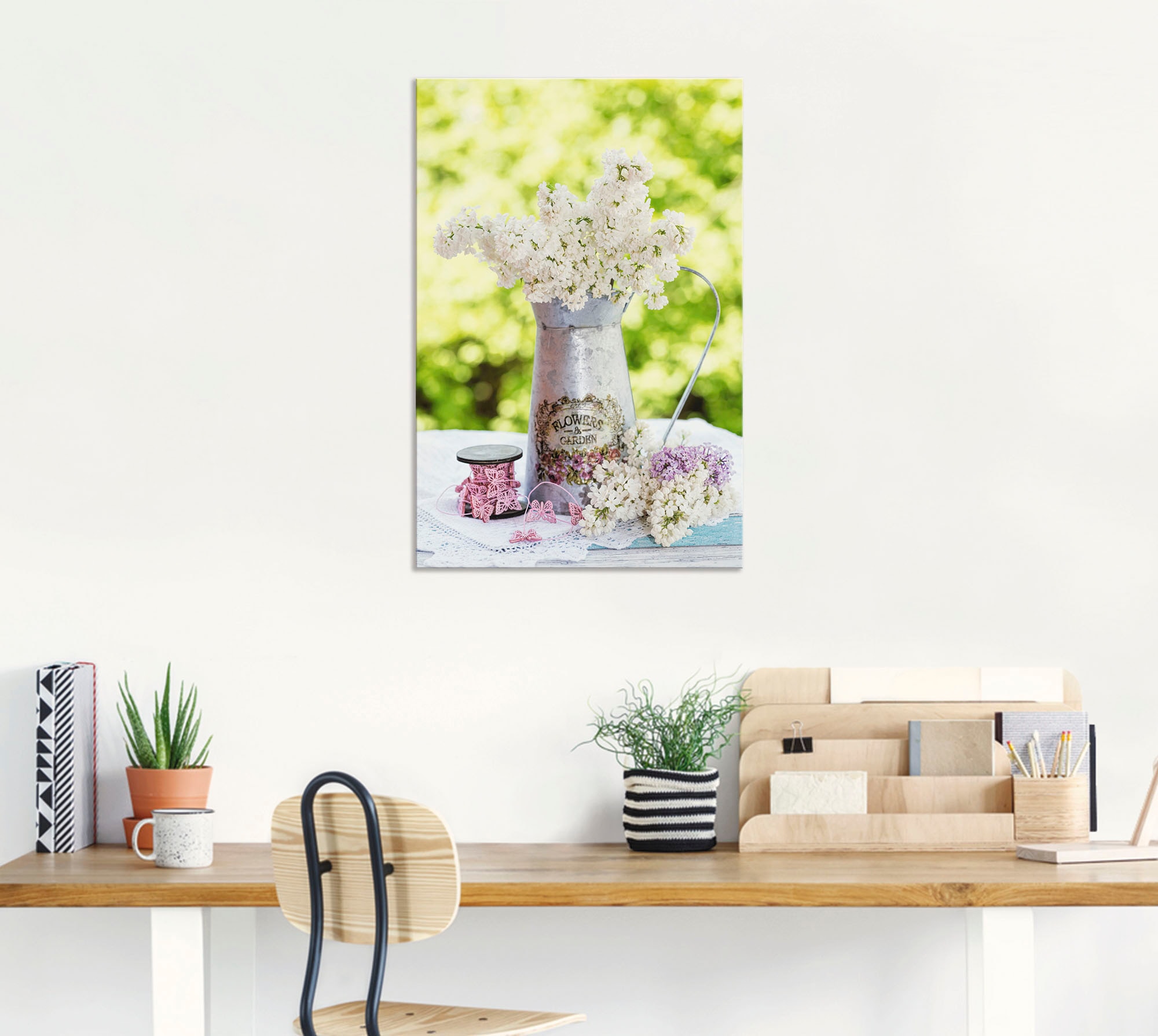 Artland Wandbild »Flieder und Shabby Chic Stillleben«, Blumen, (1 St.), als Alubild, Outdoorbild, Leinwandbild, Poster, Wandaufkleber