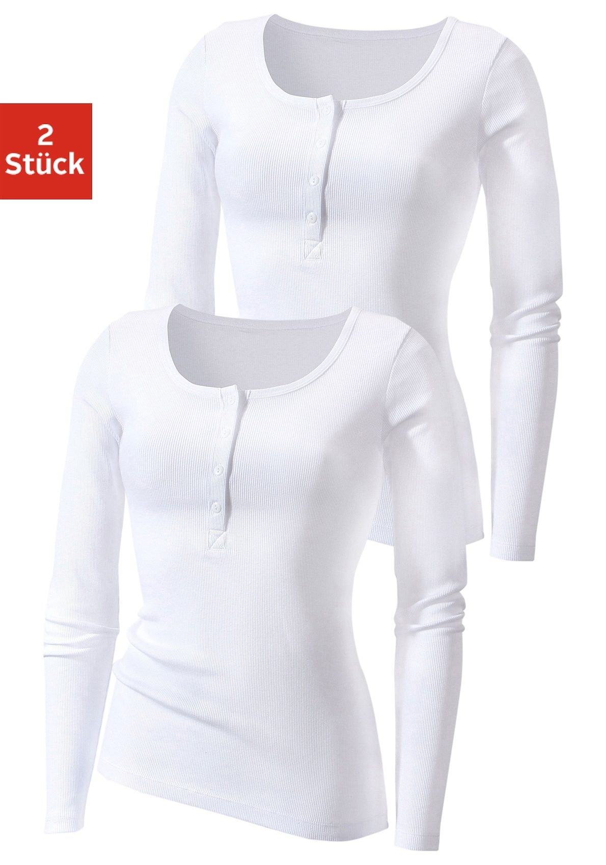 H.I.S Langarmshirt "mit kurzer Knopfleiste" 2er-Pack, feine Rippqualität aus reiner Baumwolle