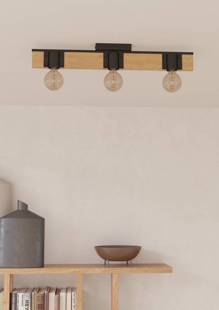 EGLO Deckenleuchte »BAILRIGG Deckenlampe, Stahl und Holz, E27, Flurlampe, Wohnzimmerlampe«, 3 flammig, Leuchtmittel E27 | ohne Leuchtmittel, Holz in Natur und Metall in Schwarz, Deckenspot mit E27 Fassung