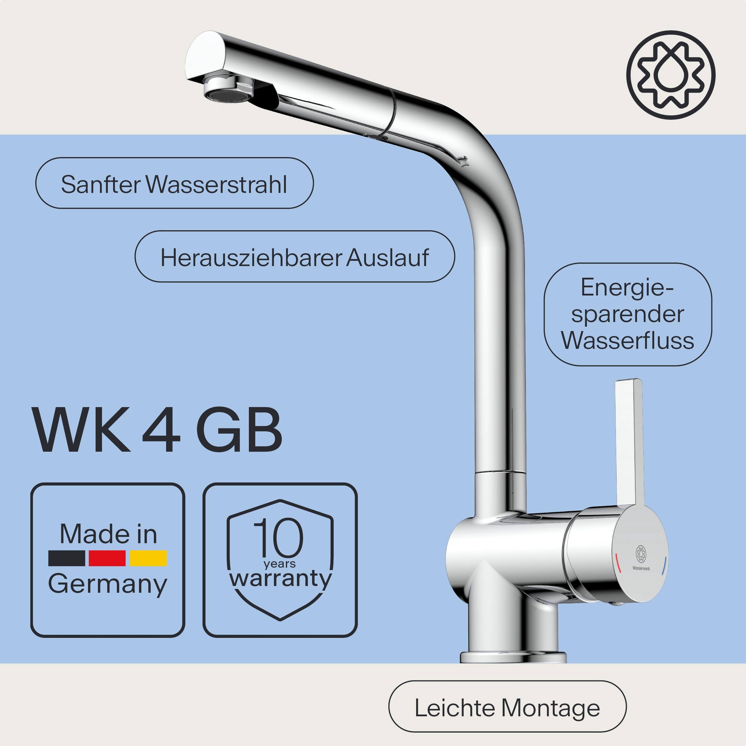 WASSERWERK Spültischarmatur »WK 4, Wasserhahn, Küche, Einhebelmischer« 360° schwenkbar, Cold-Start-Funkt., herausziehbar