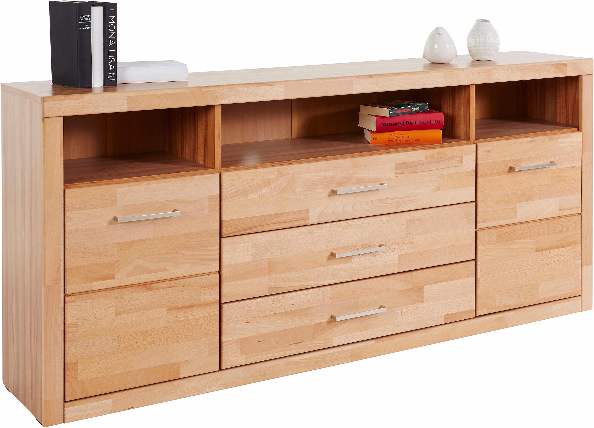 Home affaire Sideboard »Ribe,180cm breit, Fronten Massivholz,7 Fächer«, Holz massiv, Holzwerkstoff, Metall Griffe,2Türen,3Schubladen