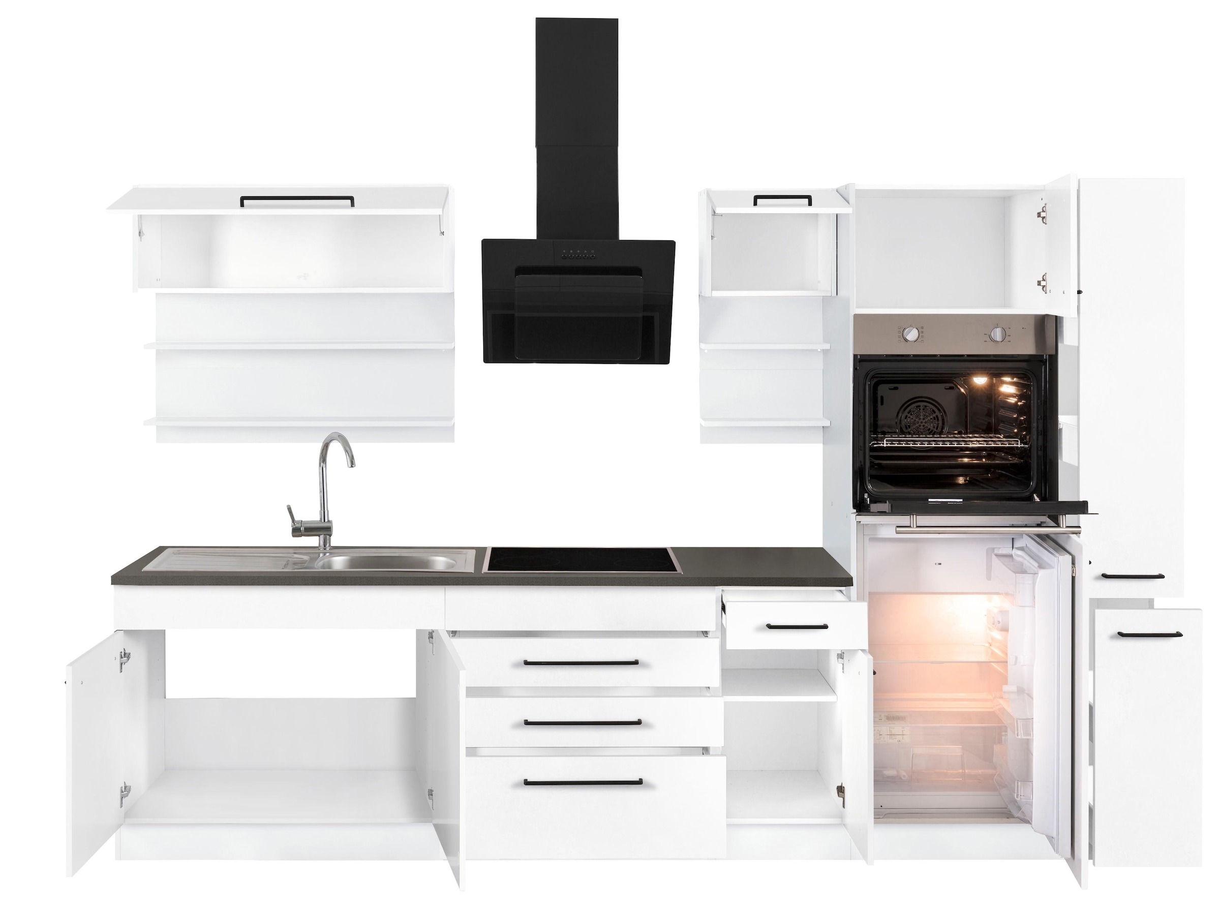 KOCHSTATION Küchenzeile »KS-Tulsa« ohne E-Geräte, Breite 320 cm, schwarze Metallgriffe, MDF Fronten