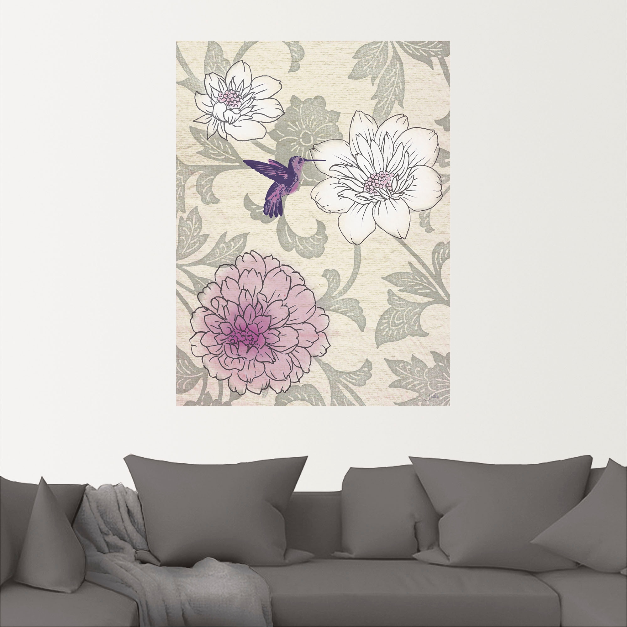 Artland Wandbild »Blumenmuster mit Kolibri«, Blumen, (1 St.), als Poster, Wandaufkleber in verschied. Größen