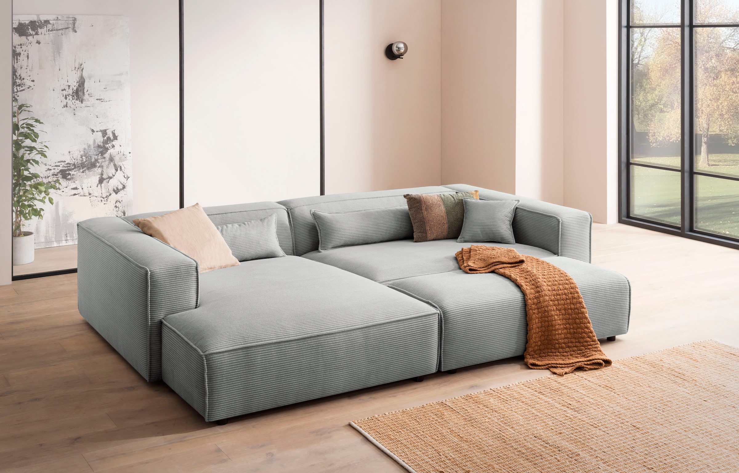 LeGer Home by Lena Gercke Polsterecke »PIARA XXL, L-Form mit Schlaffunktion, Big-Sofa in Cord o. Leinenoptik«, Hocker stellbar zum Schlafsofa (Krokodilverbinder), tiefe Sitzfläche