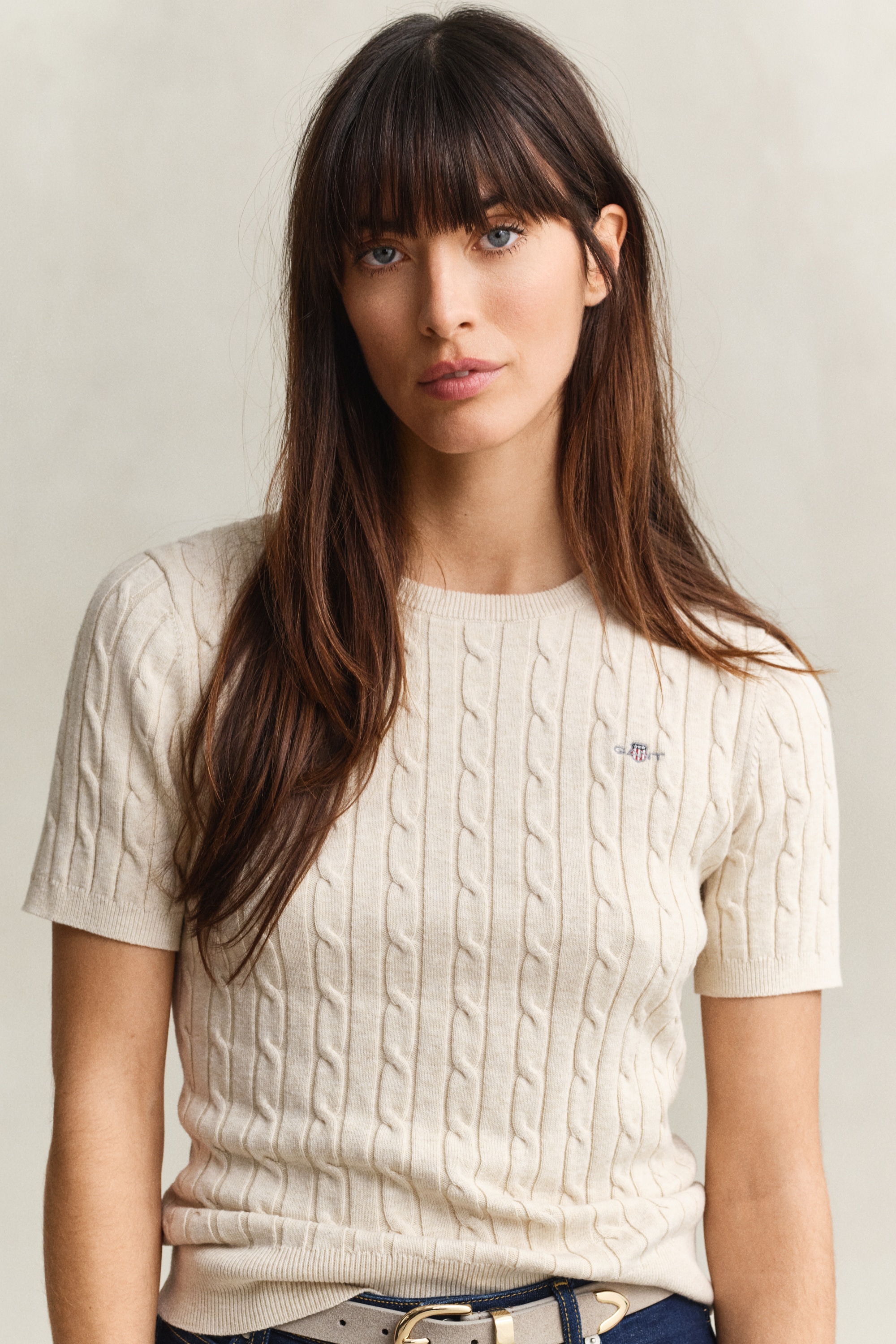 Gant Kurzarmpullover »STRETCH COTTON CABLE« Slim fit mit Rundhalsausschnitt