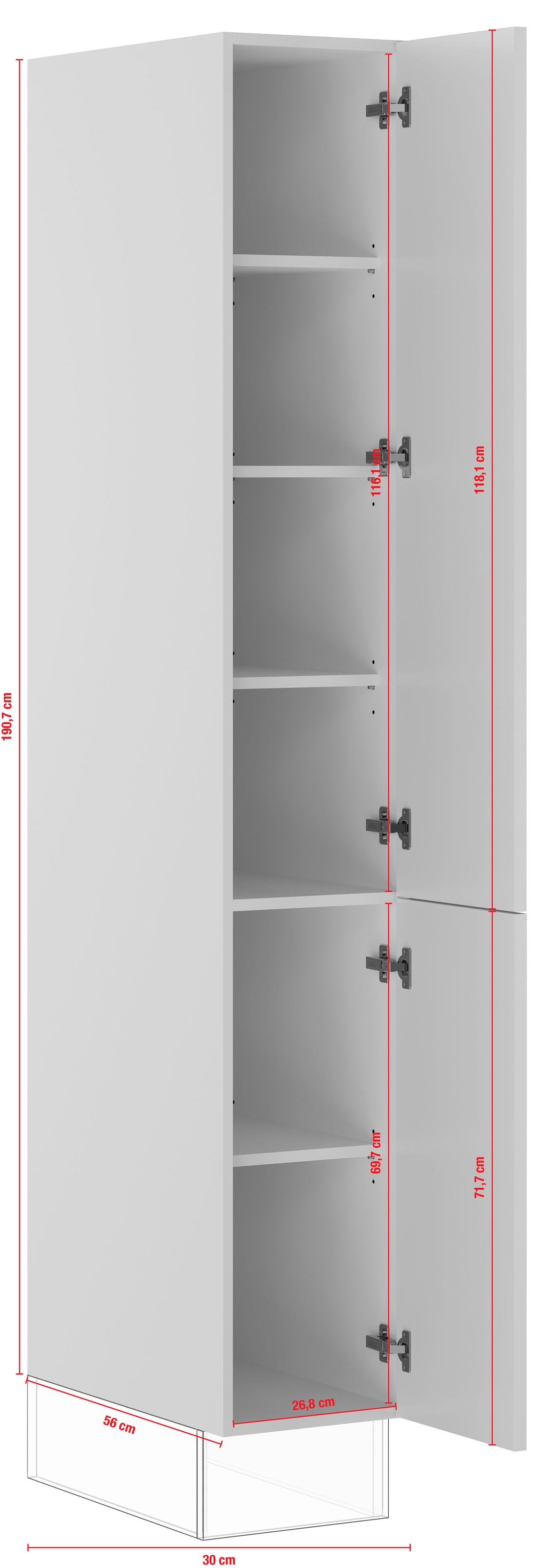 IMPULS KÜCHEN Seitenschrank »"Valencia", Breite/Höhe: 30/190,7 cm«, vormontiert, mit Drehtüren, mit verstellbaren Fachböden