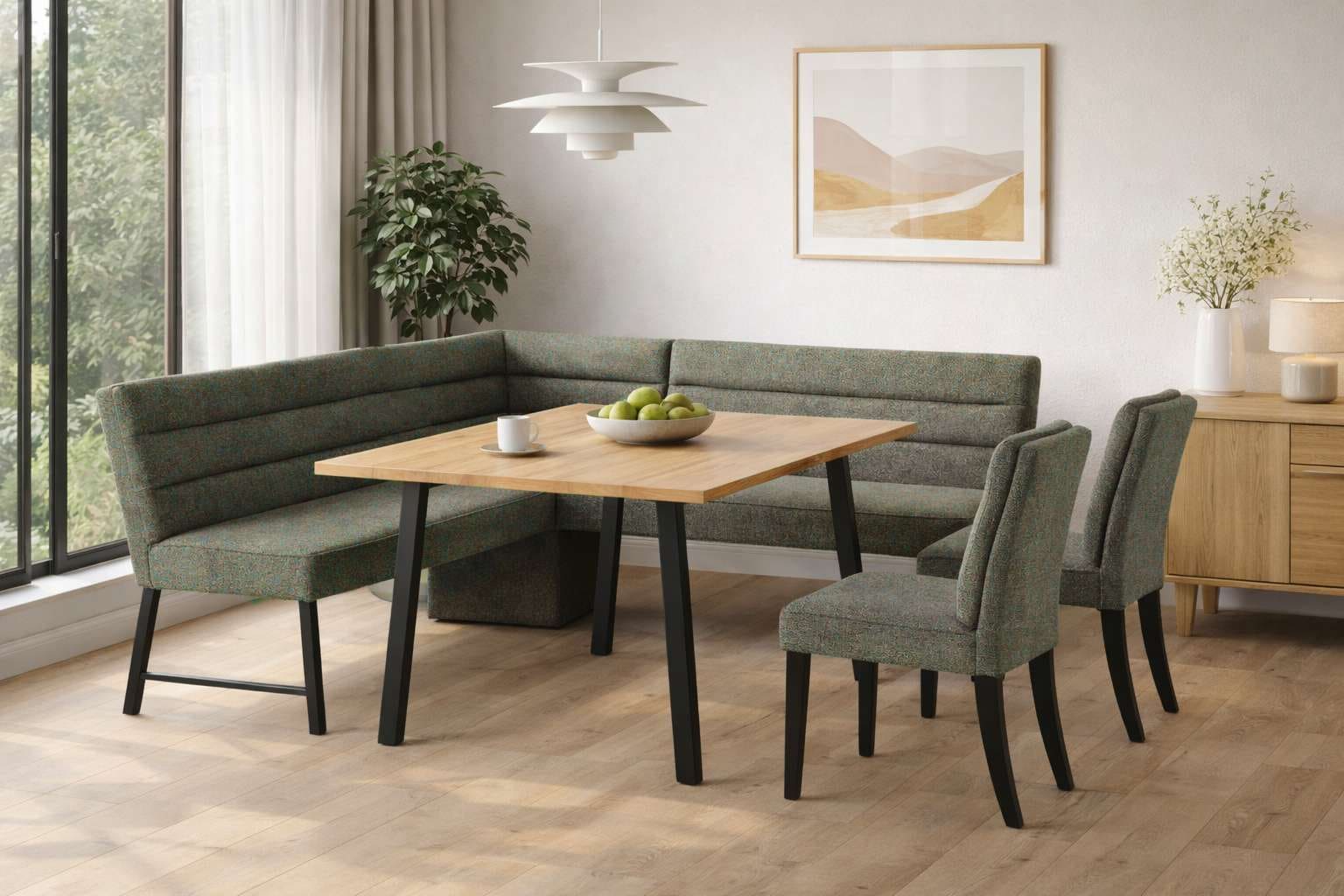 OTTO home, Eckbankgruppe »Oregon Essecke, Sitzgruppe, Küchenbankgruppe« Set, 4er, 4 tlg. Eckbank mit Metallfüßen, Esstisch in Eiche massiv, Grünblau +