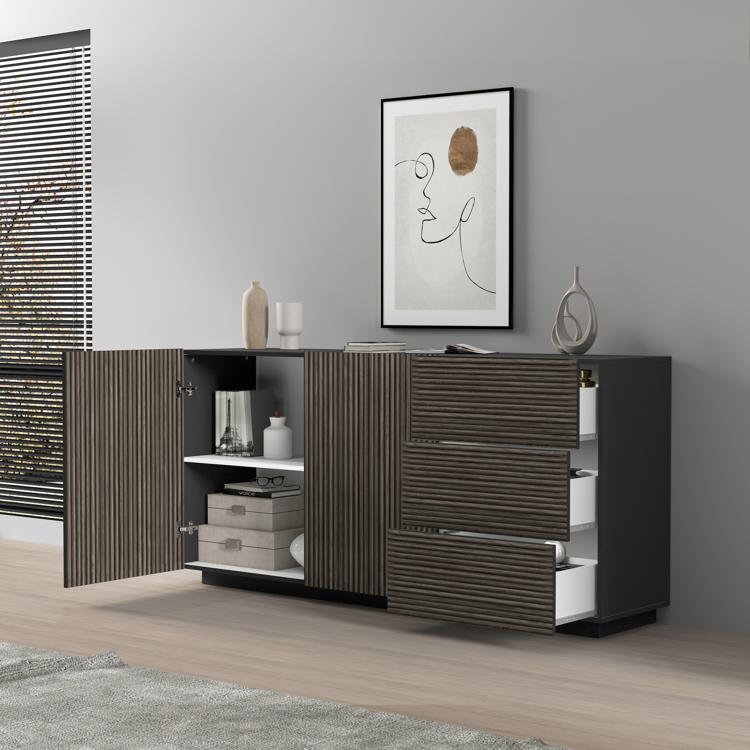 Home affaire Sideboard »Vega Sideboard,Kommode,180 cm« mit 2 Türen und 3 Schubladen,Fronten mit Rillen-Optik