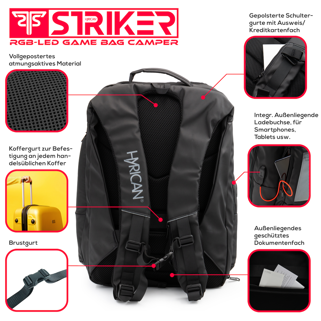 Hyrican Gaming- Laptoprucksack »Striker Game Bag CAMPER NOZ01496«  App gesteuertes RBG-LED Display, gepolstert, wasserabweisend, mit Thermofach, Für Notebooks bis 17,3 Zoll und Tablets bis 12 Zoll, Geheimfach, USB-Handy-Ladefunktion