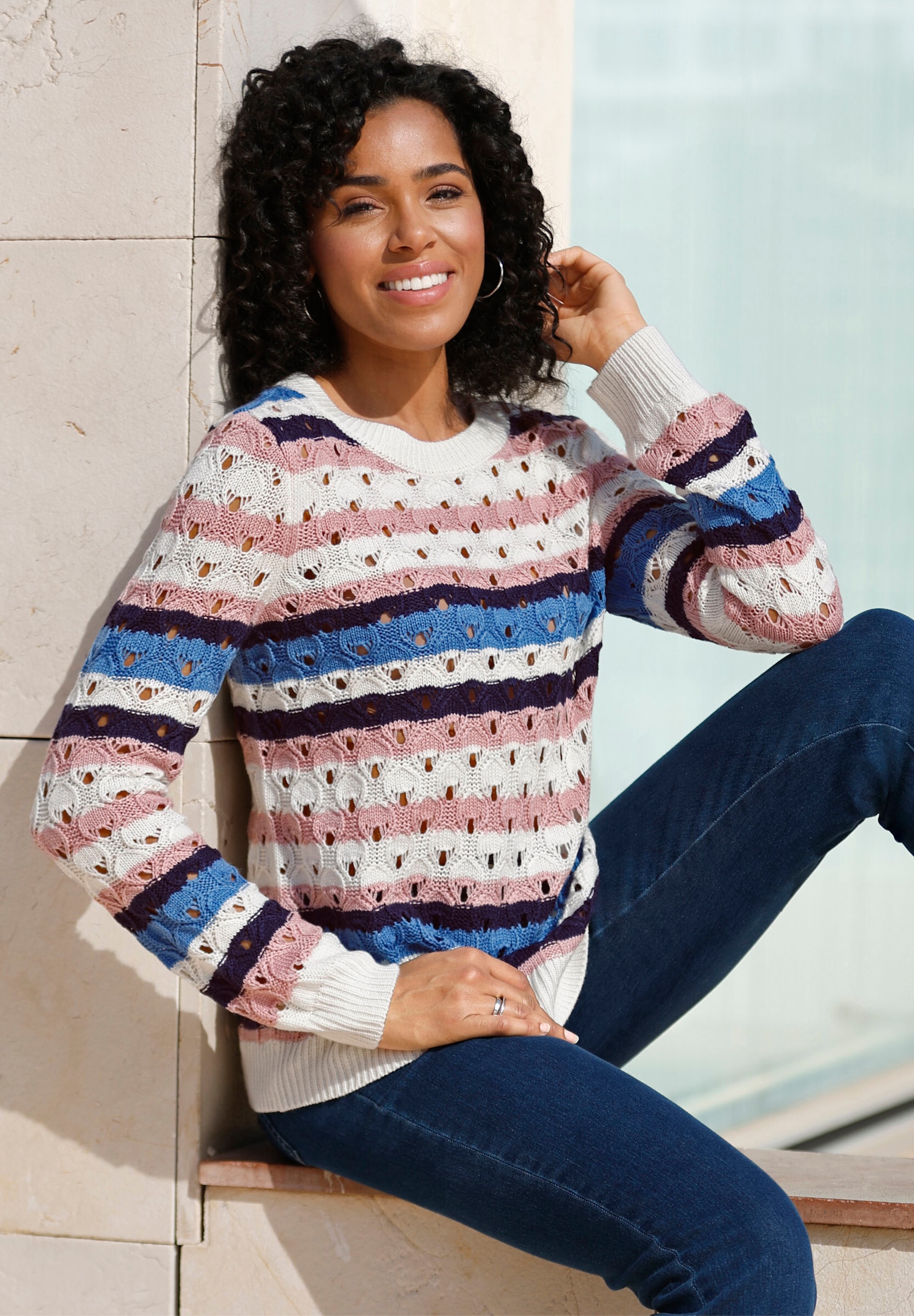 Sieh an! Strickpullover »Ajour-Pullover Ajourpullover mit Streifen-Muster«