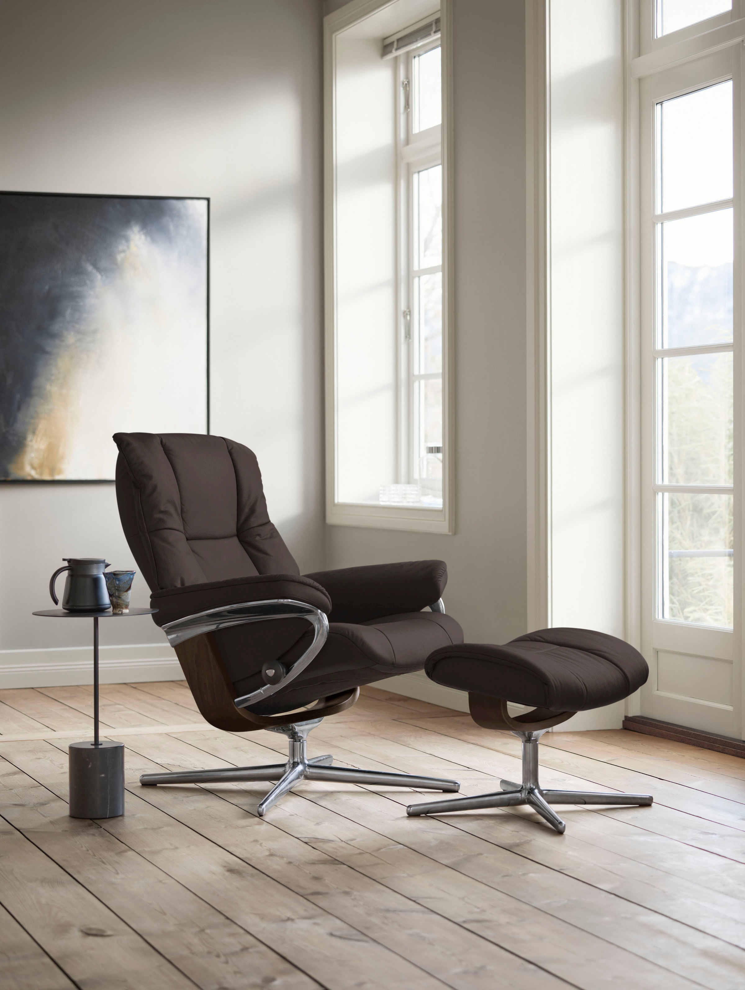 Stressless® Relaxsessel »Mayfair«, (Set, Relaxsessel mit Hocker), mit Hocker, mit Cross Base, Größe S, M & L, Holzakzent Braun
