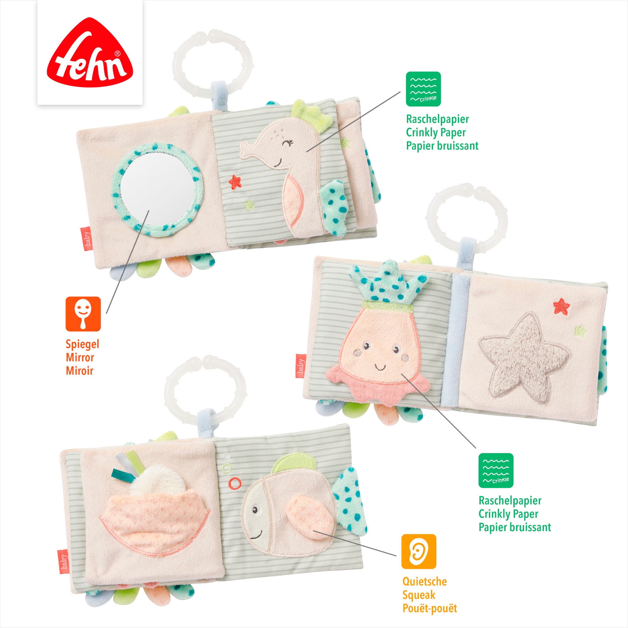 Fehn Greifspielzeug »Meereskinder, Stoffbuch Oktopus« mit Ring zur Befestigung an Kinderwagen, Babyschale oder Bett