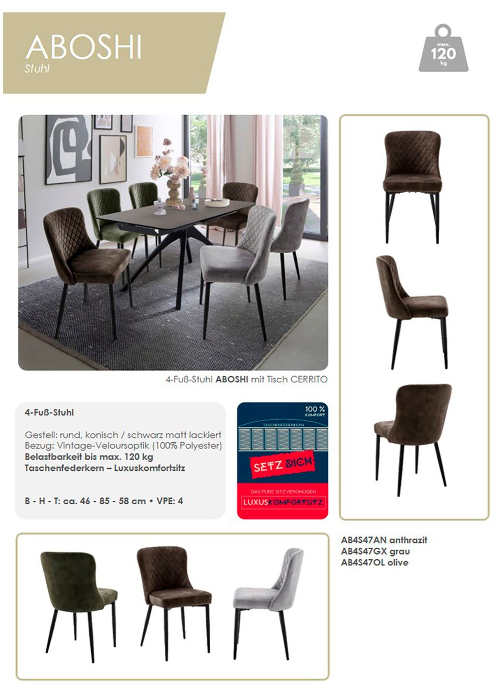 MCA furniture 4-Fußstuhl »ABOSHI Esszimmerstuhl (4er Set)«, (Set), 4 St., Veloursstoff, Taschenfederkern, Metall schwarz,Vintage-Veloursoptik,belastbar 120 kg