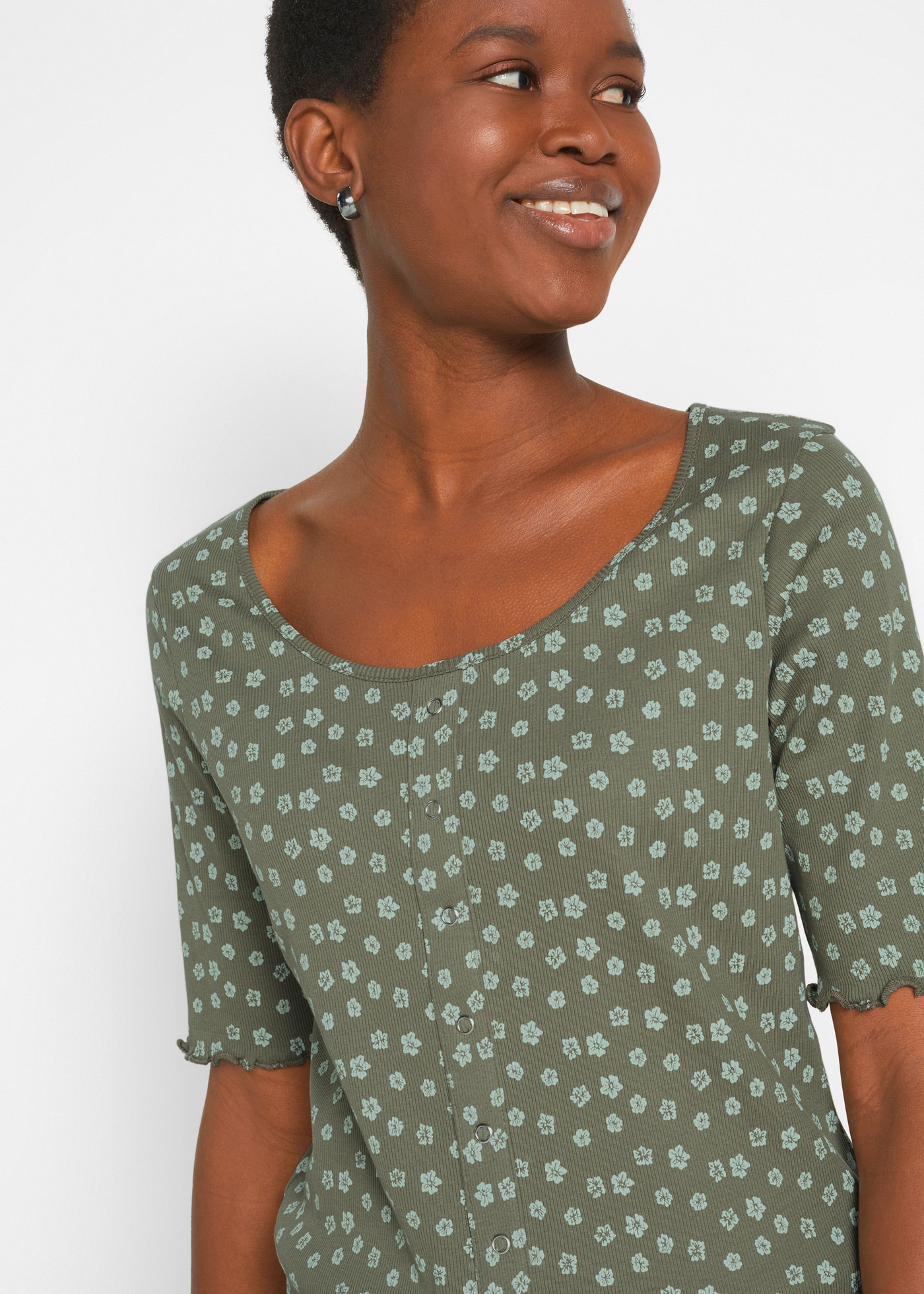 bonprix T-Shirt »Ripp-Shirt mit Blumendruck, Halbarm« bequeme Passform, Halbarm-Design, mit Blumendruck, aus Baumwolle