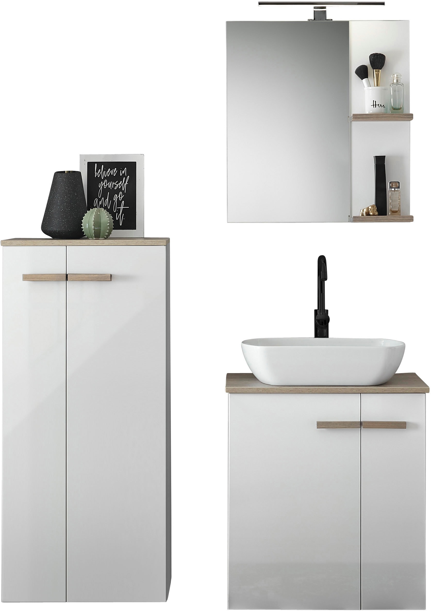 Places of Style Badmöbel-Set »SOLiD, Badmöbel-Set, Bad im modernen Design, 3-teiliges Badezimmer«, (Set, 3 St.), Waschtisch mit Waschbecken, Midischrank, Breite 130 cm