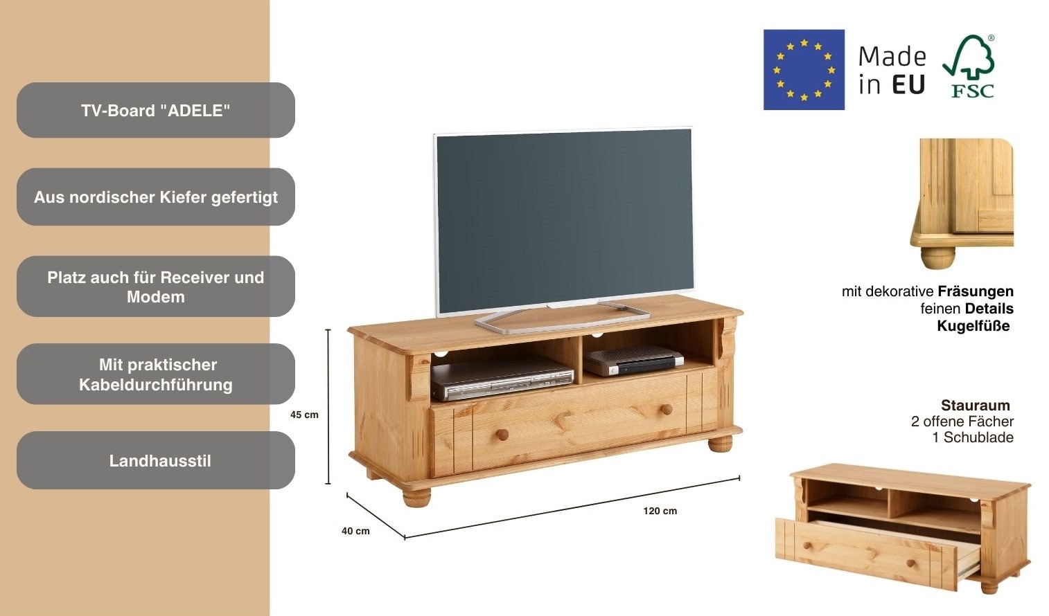 Home affaire TV-Board »Adele«, Breite 120 cm, mit Schublade, aus massiver Kiefer, FSC®