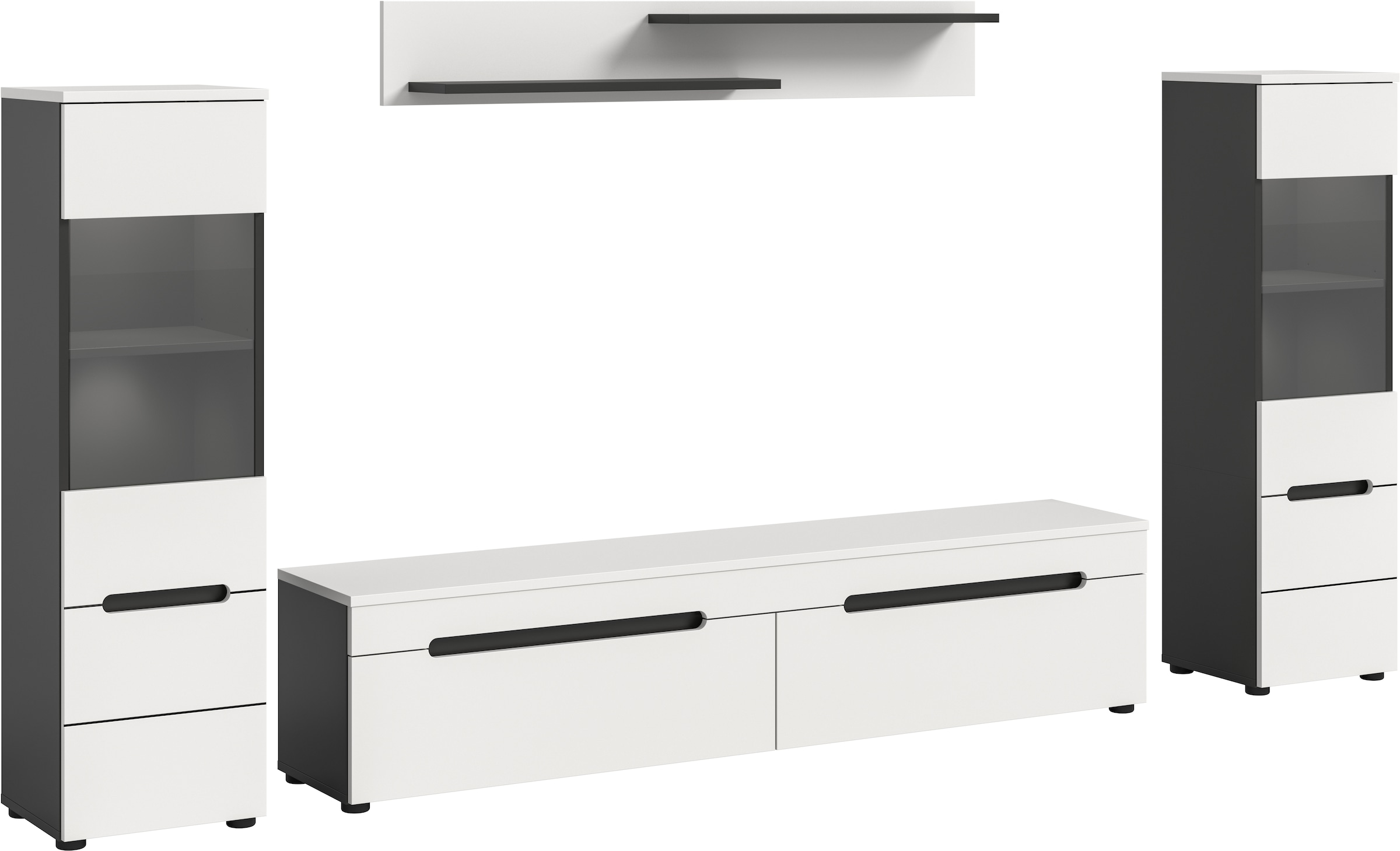 Home affaire Wohnwand »REHAT, TOPSELLER!, 4-teilig, inkl. Beleuchtung, stehend oder hängend« Set bestehend aus: 2x Vitrine inkl. Beleuchtung, Lowboard & Wandboard, 4 Stk. tlg.